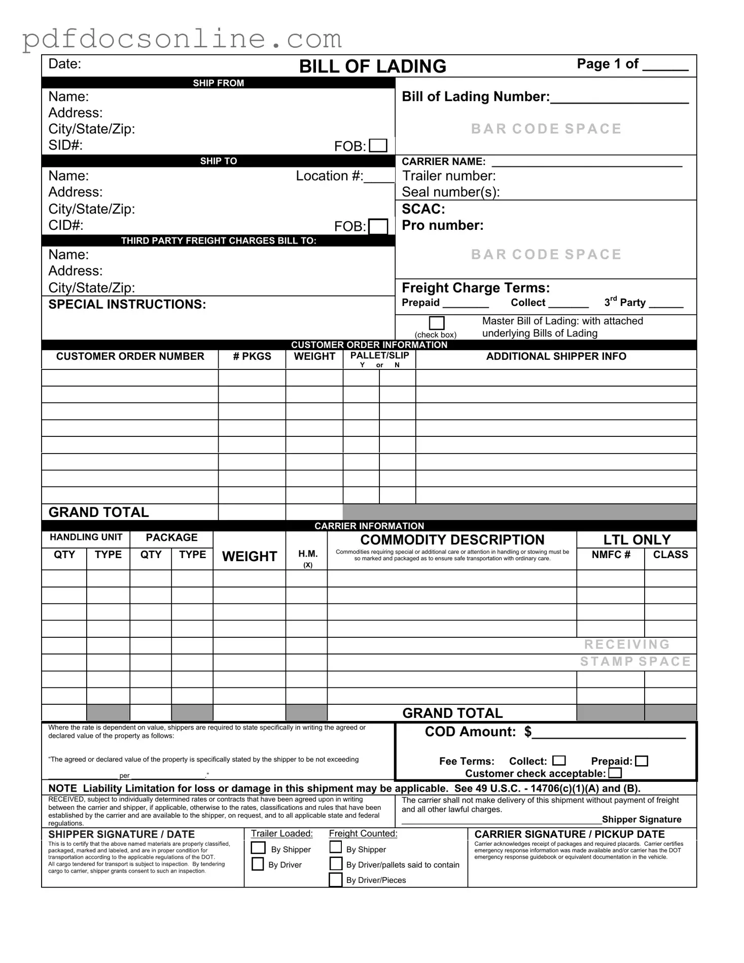 Fillable Bill of Lading with a Supplement Form