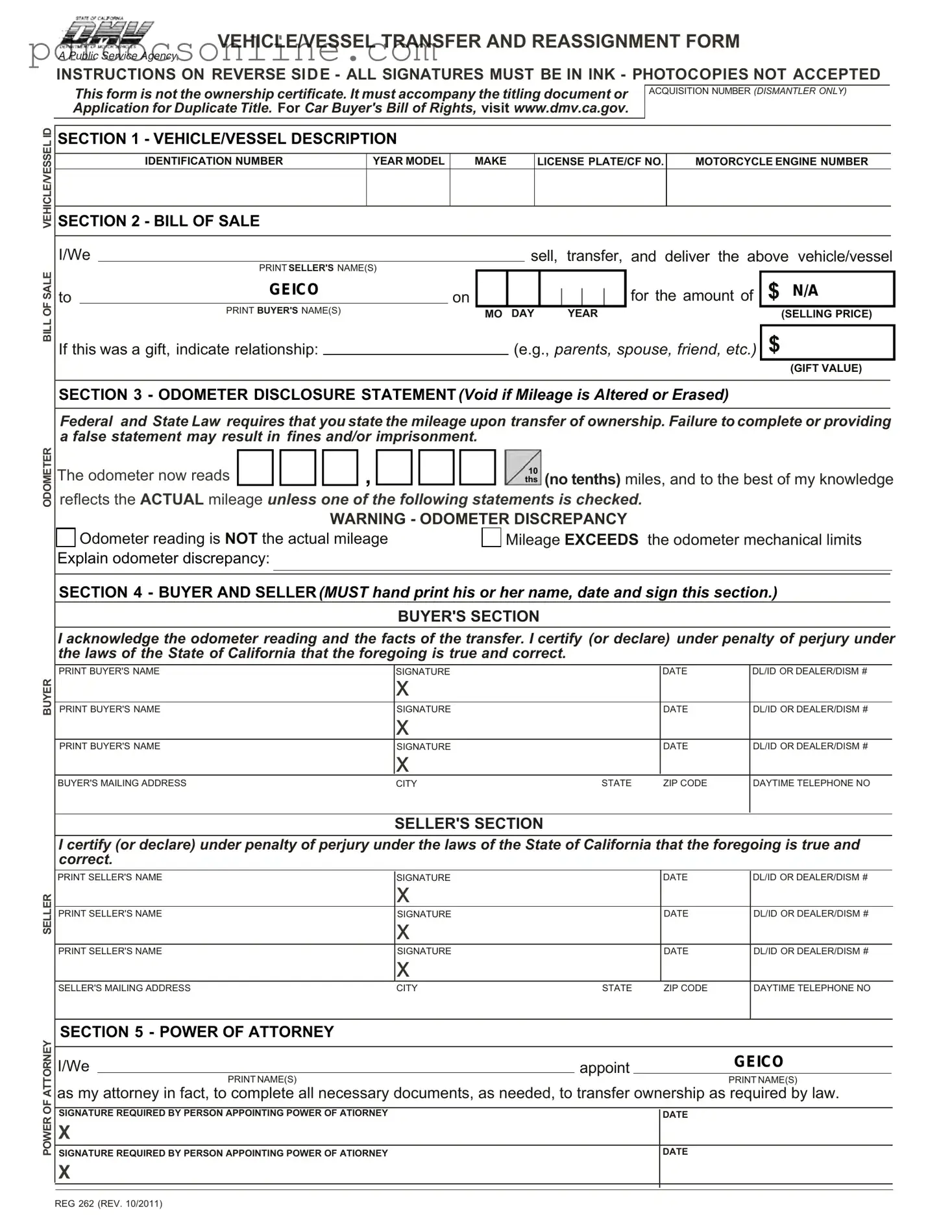 Fillable California Fotm Reg 262 Form