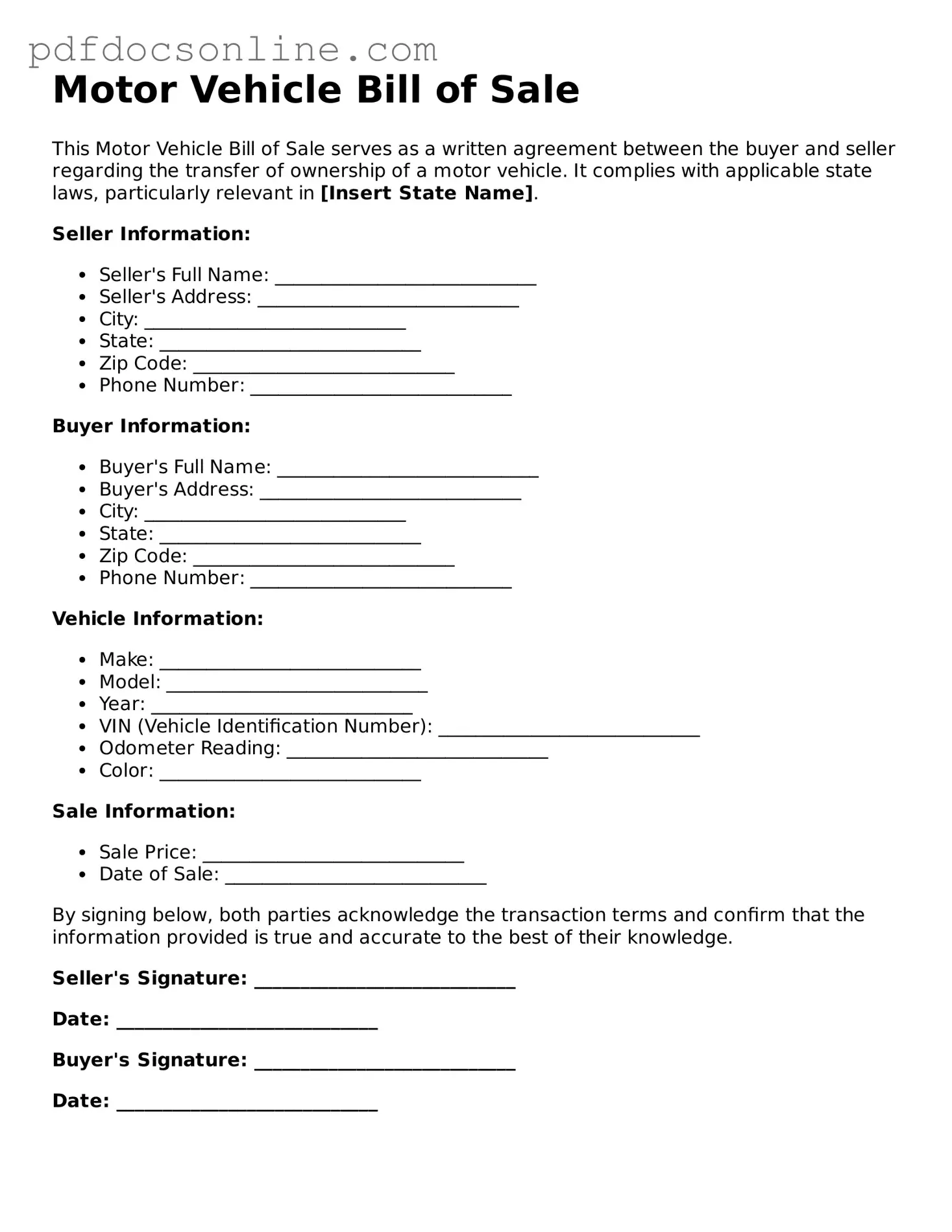 Free Motor Vehicle Bill of Sale Template