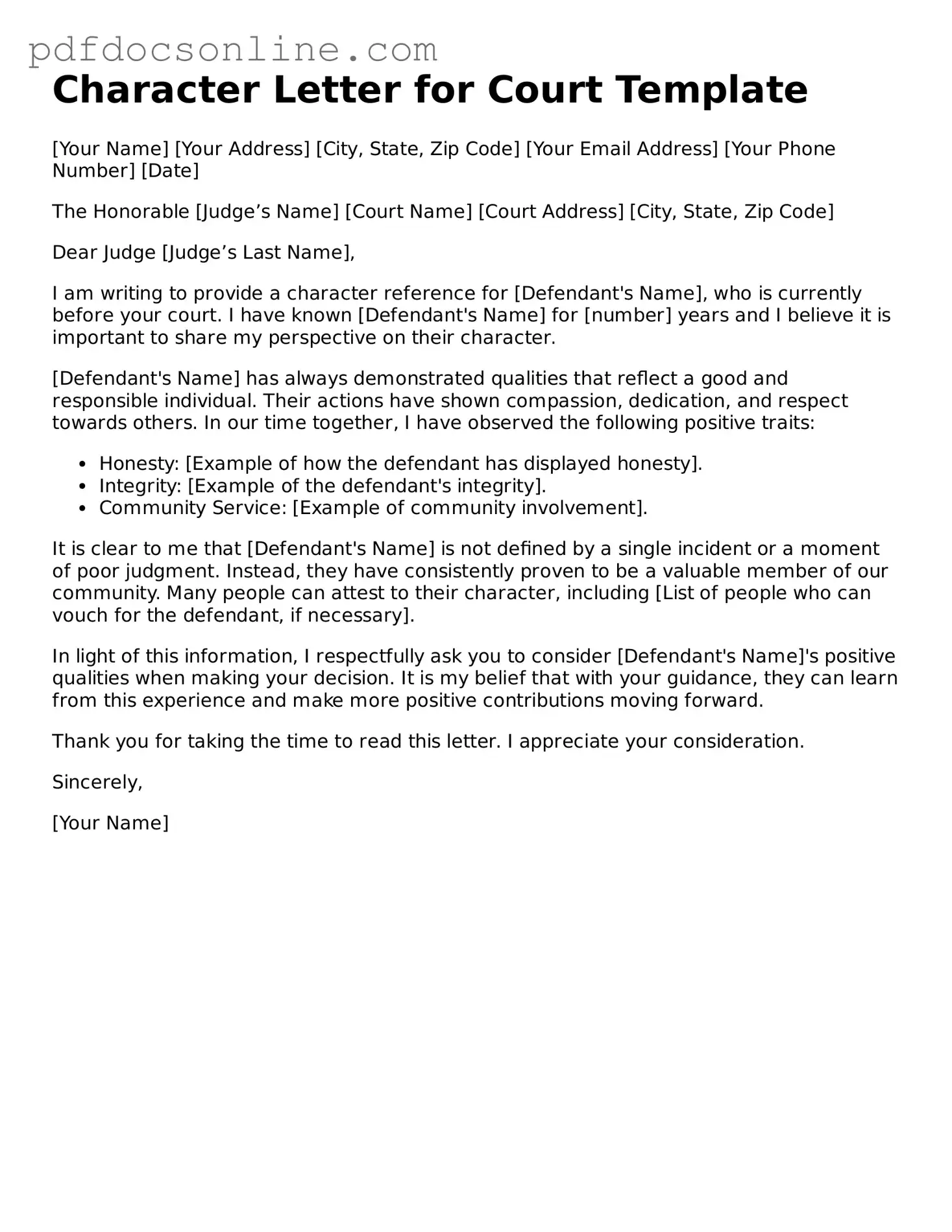 Free Character Letter for Court Template