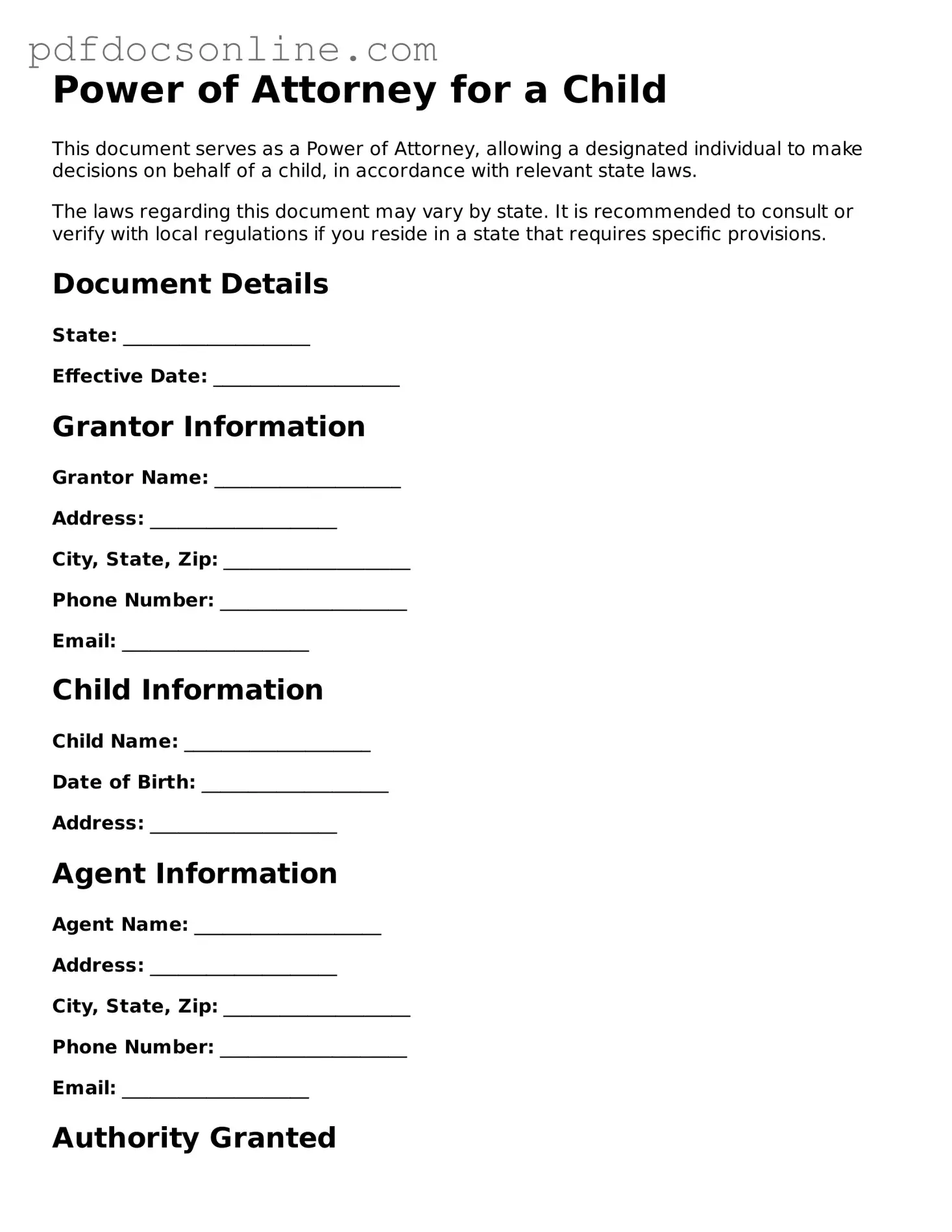 Free Power of Attorney for a Child Template