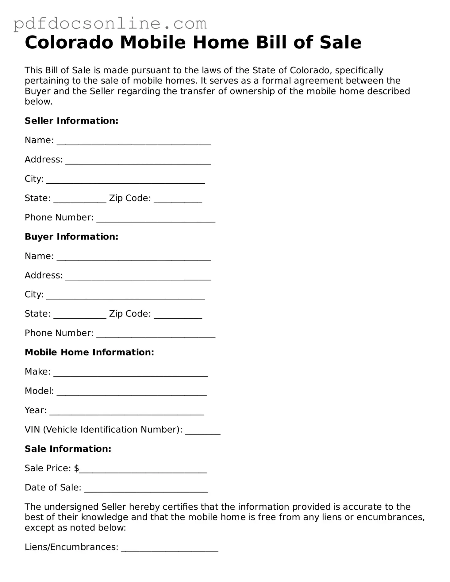 Attorney-Verified  Mobile Home Bill of Sale Form for Colorado