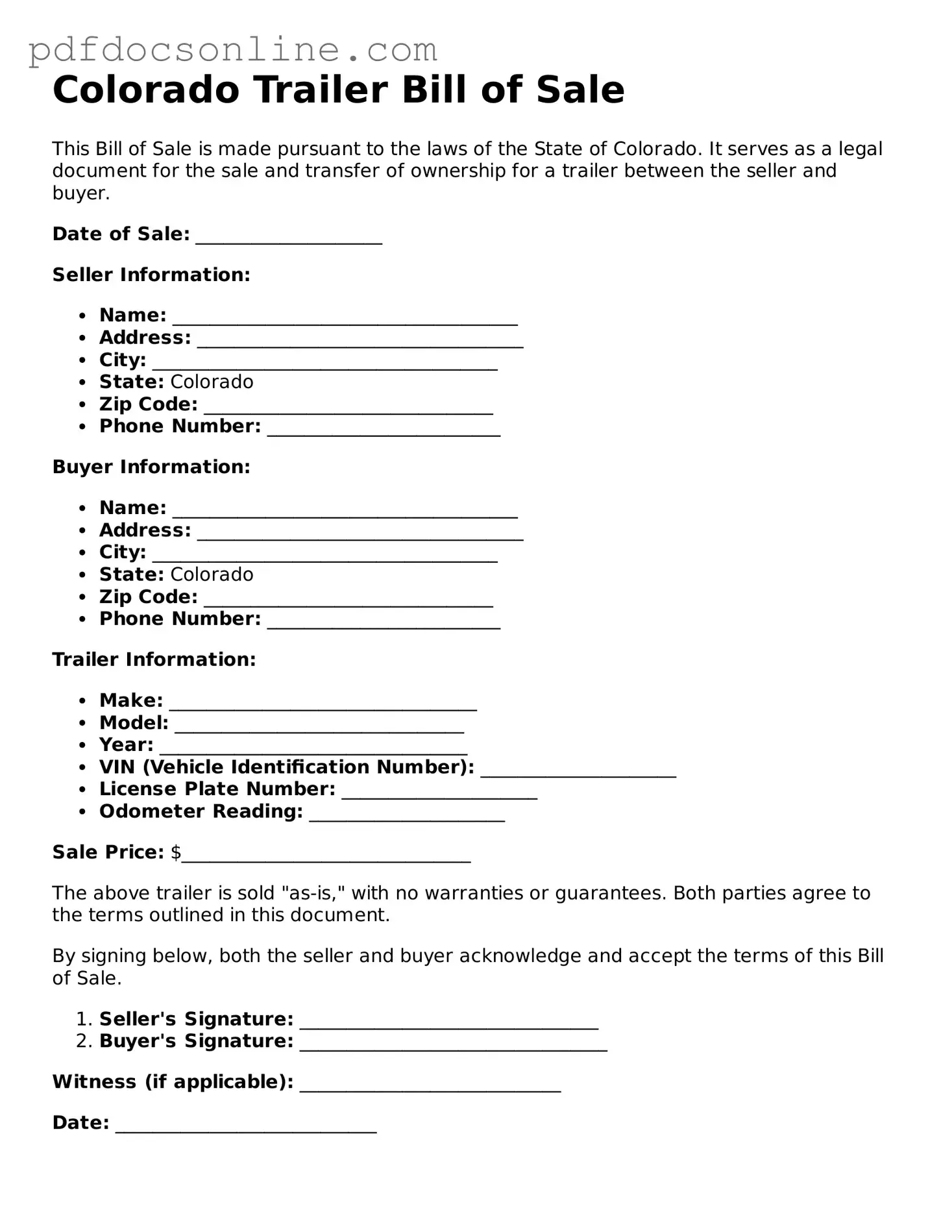 Attorney-Verified  Trailer Bill of Sale Form for Colorado