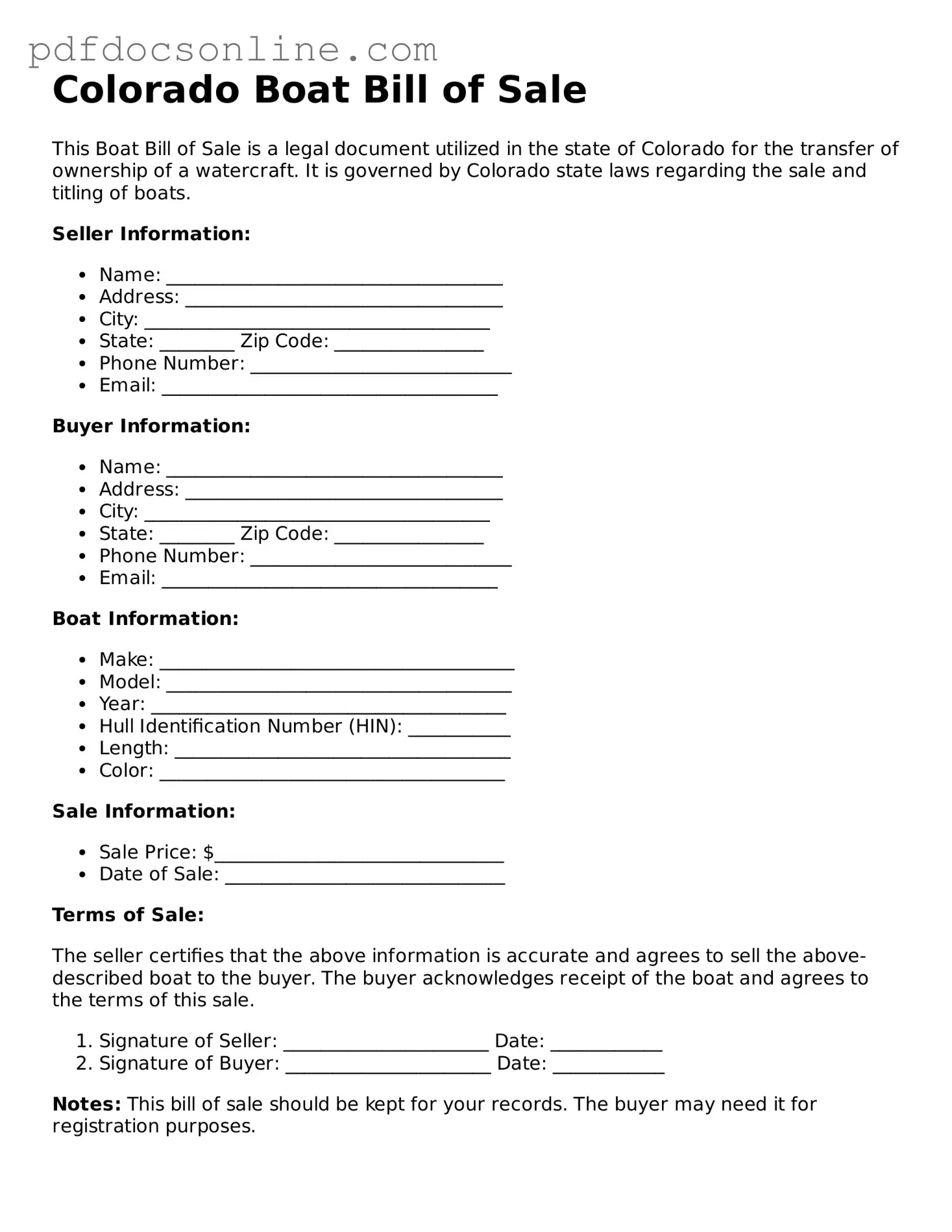 Attorney-Verified  Boat Bill of Sale Form for Colorado