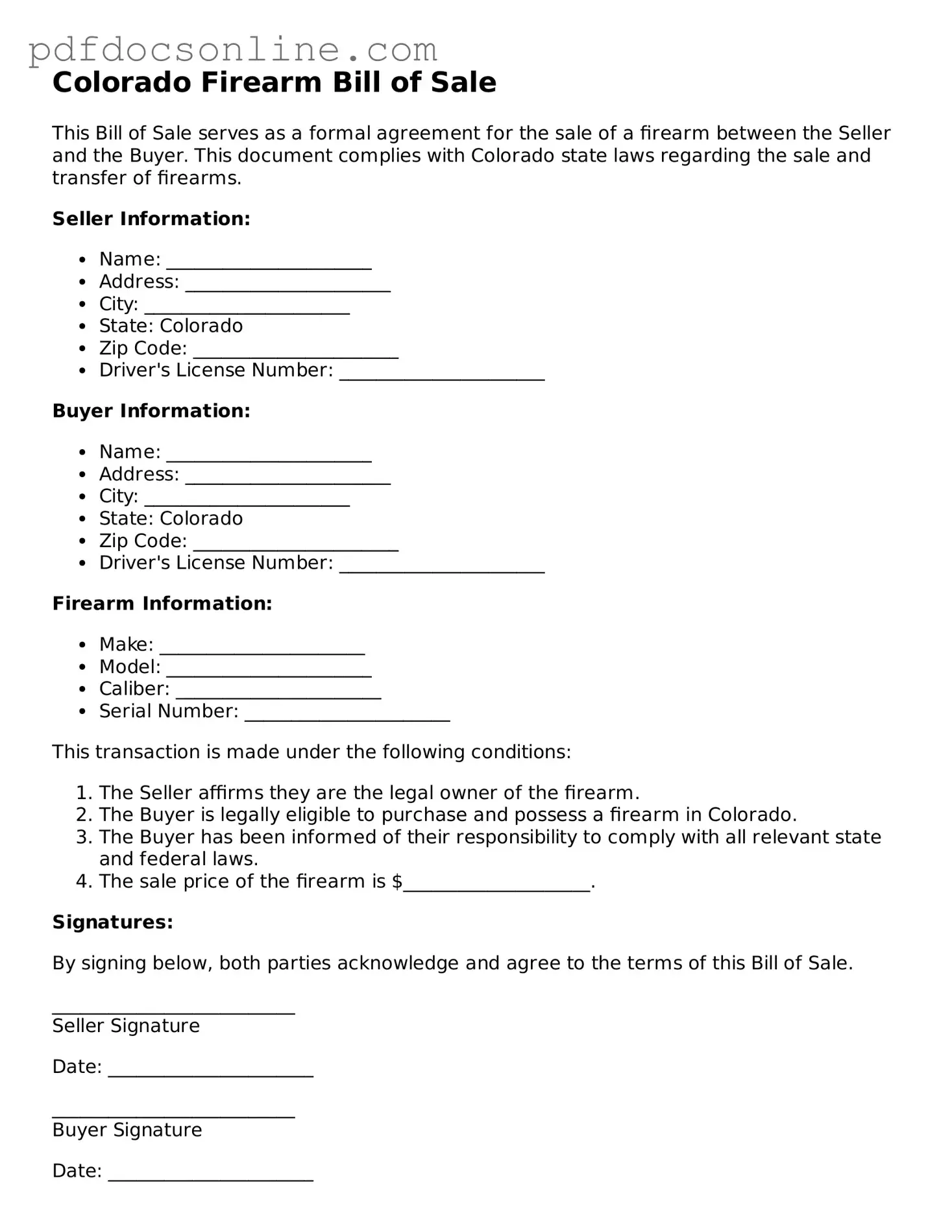 Attorney-Verified  Firearm Bill of Sale Form for Colorado