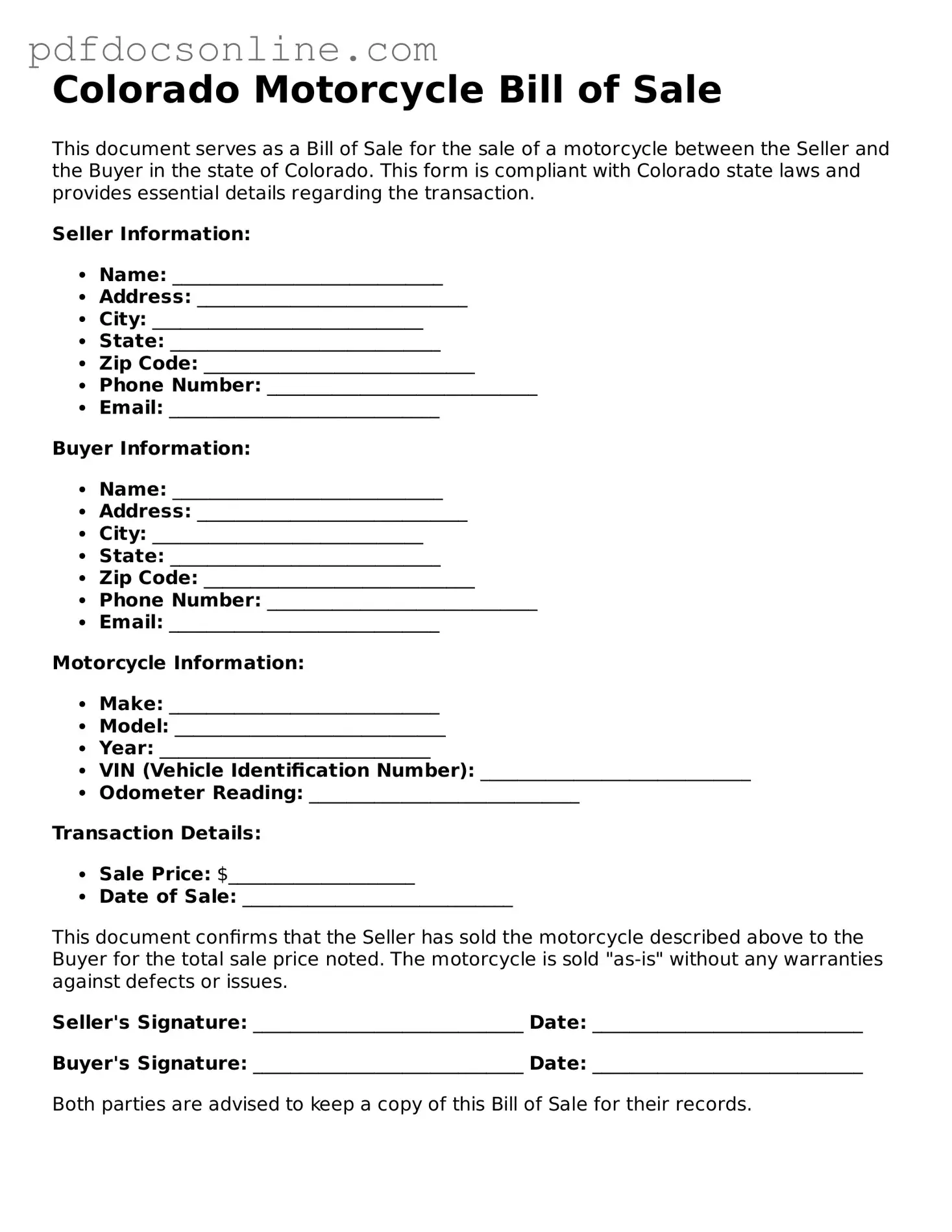 Attorney-Verified  Motorcycle Bill of Sale Form for Colorado