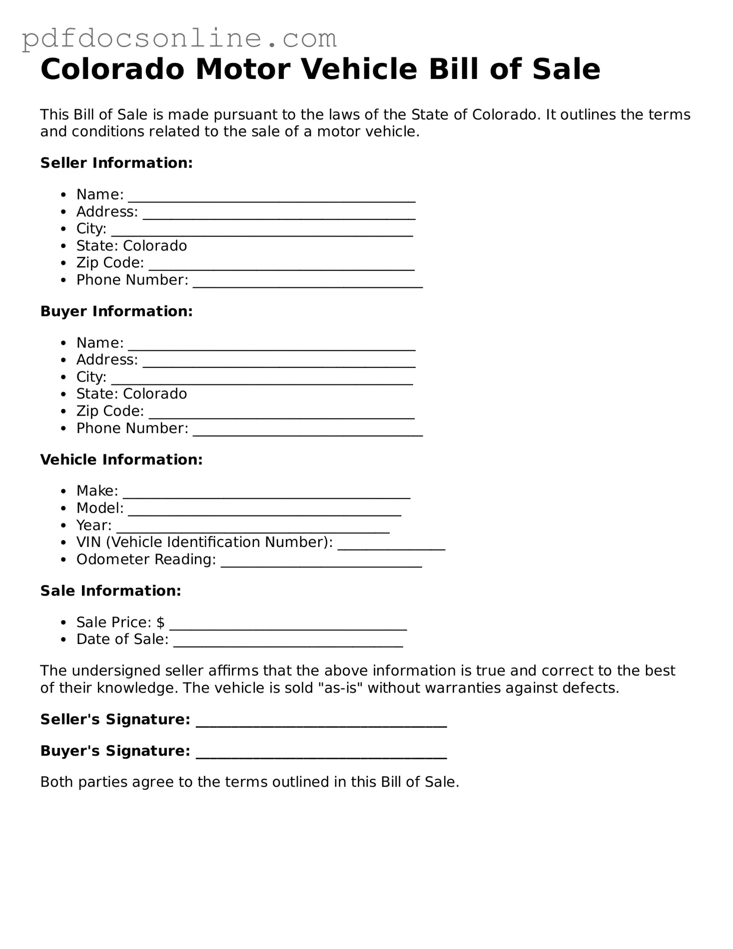 Attorney-Verified  Motor Vehicle Bill of Sale Form for Colorado