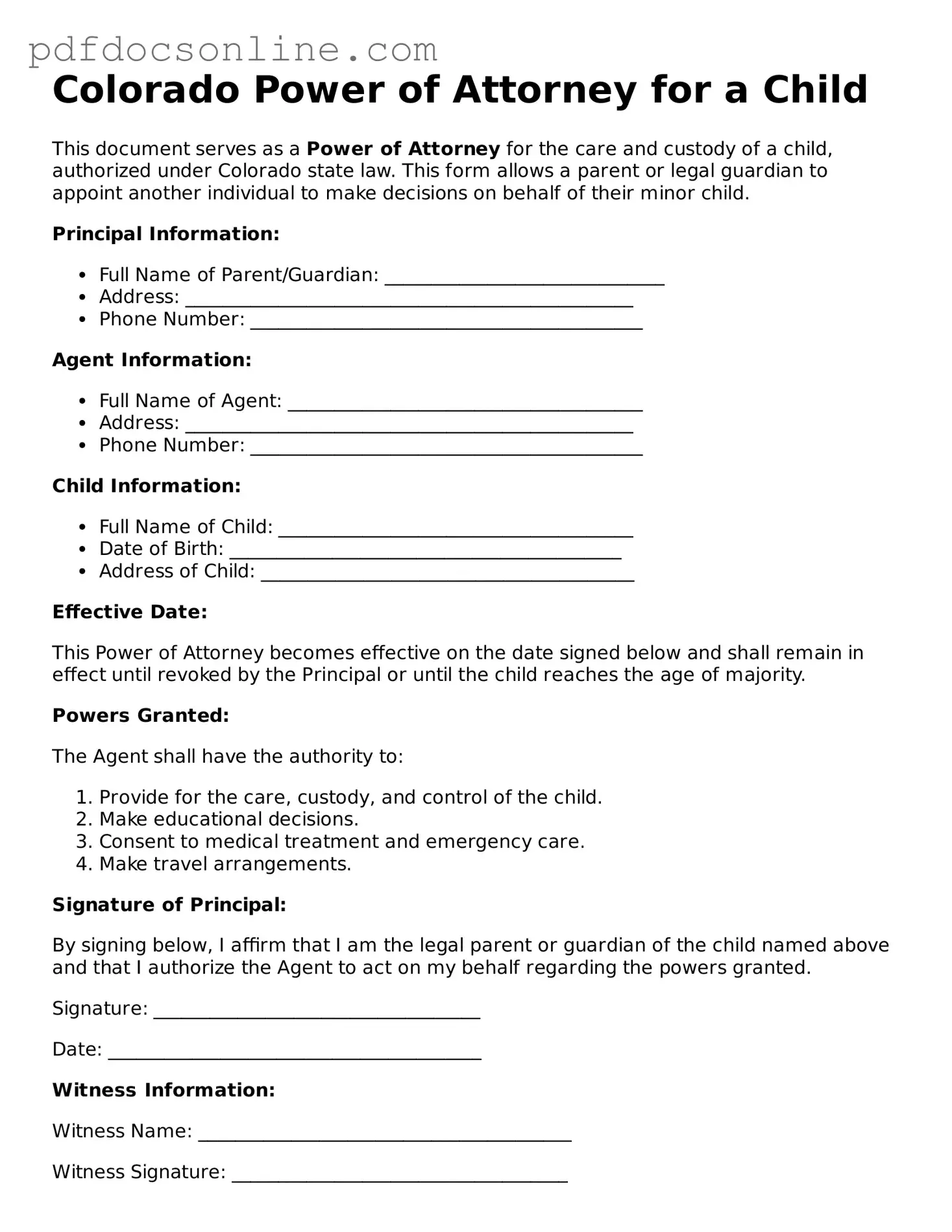 Attorney-Verified  Power of Attorney for a Child Form for Colorado
