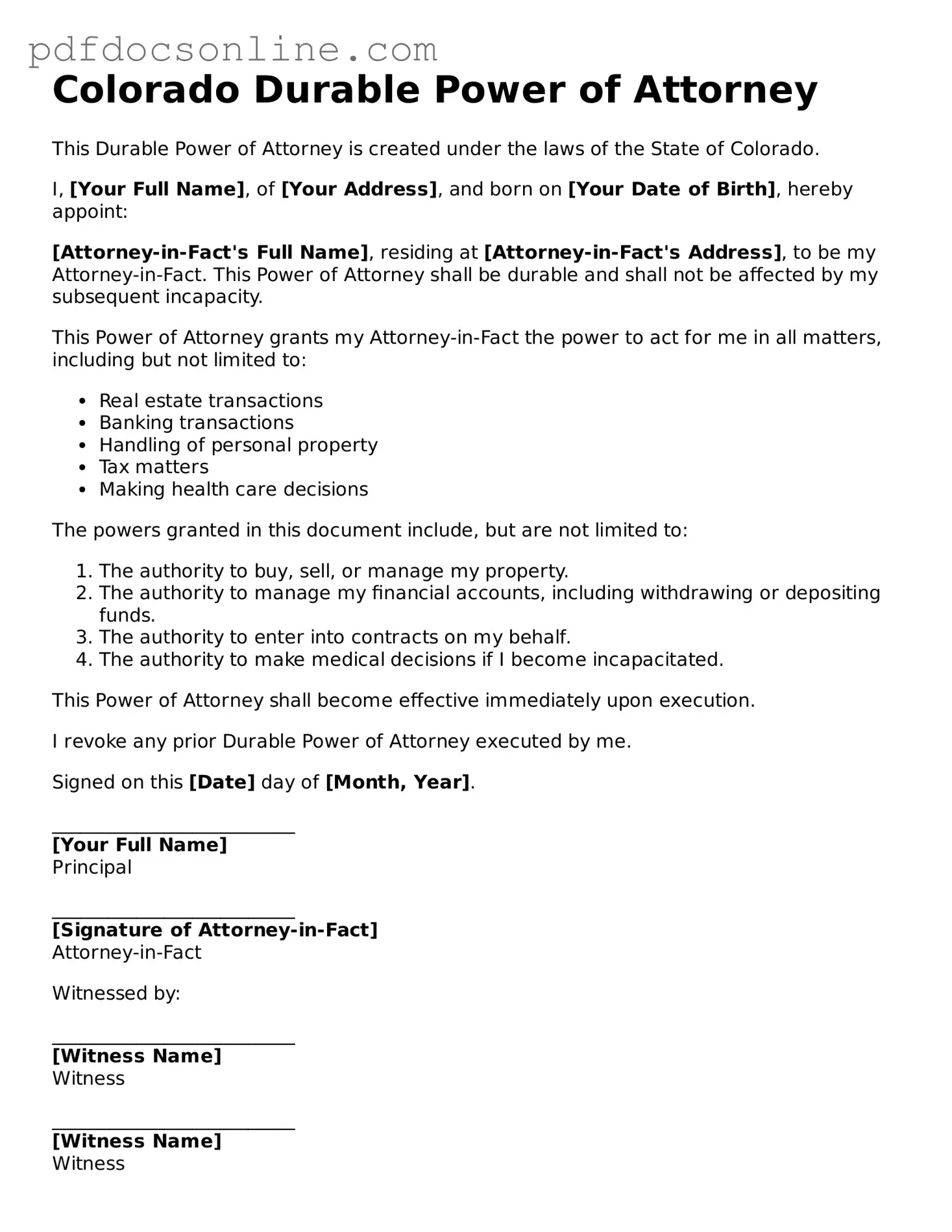 Attorney-Verified  Durable Power of Attorney Form for Colorado