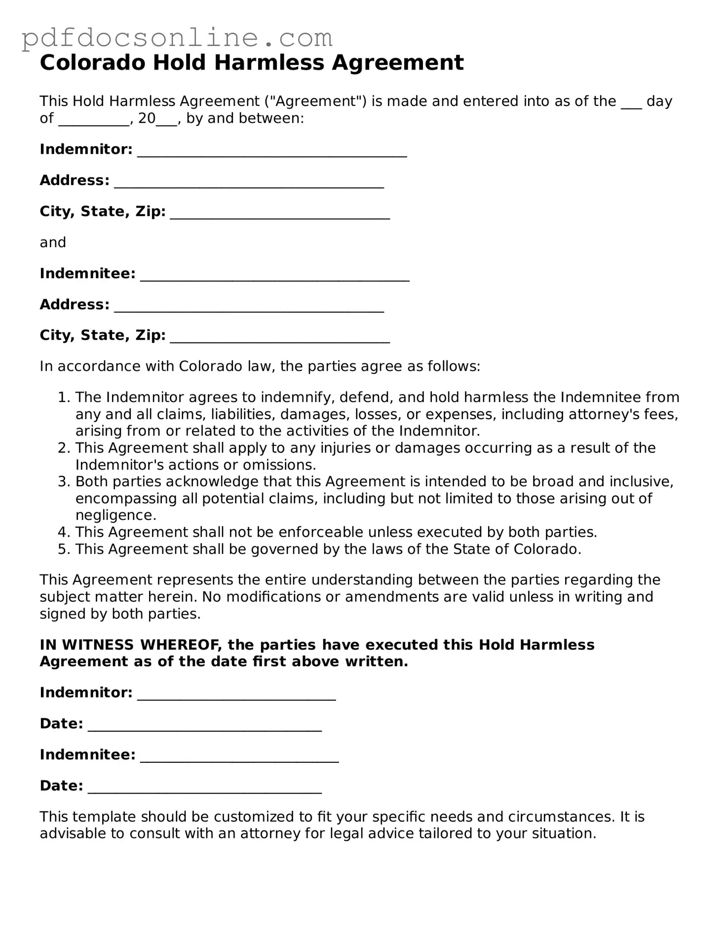 Attorney-Verified  Hold Harmless Agreement Form for Colorado
