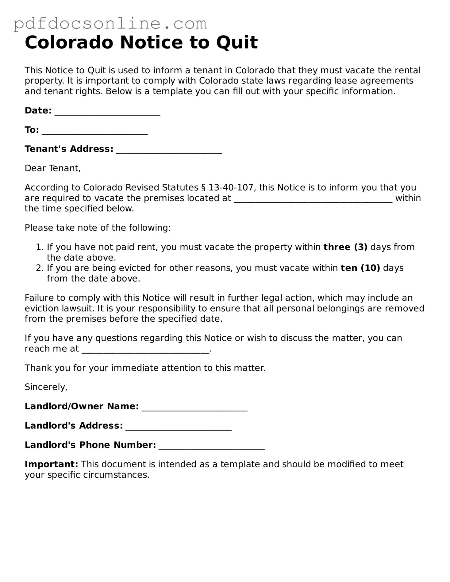 Attorney-Verified  Notice to Quit Form for Colorado