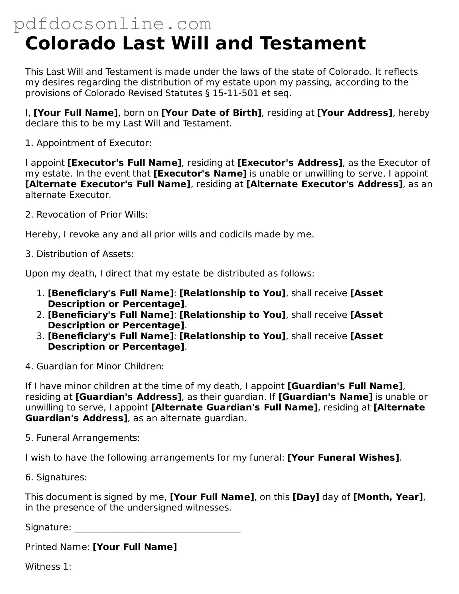Attorney-Verified  Last Will and Testament Form for Colorado