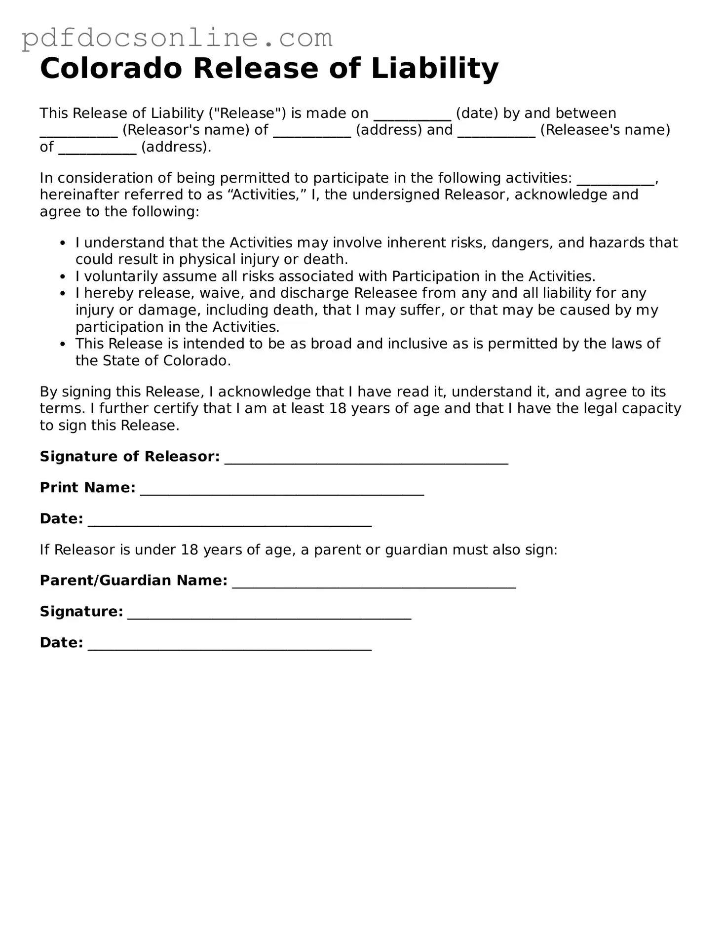 Attorney-Verified  Release of Liability Form for Colorado