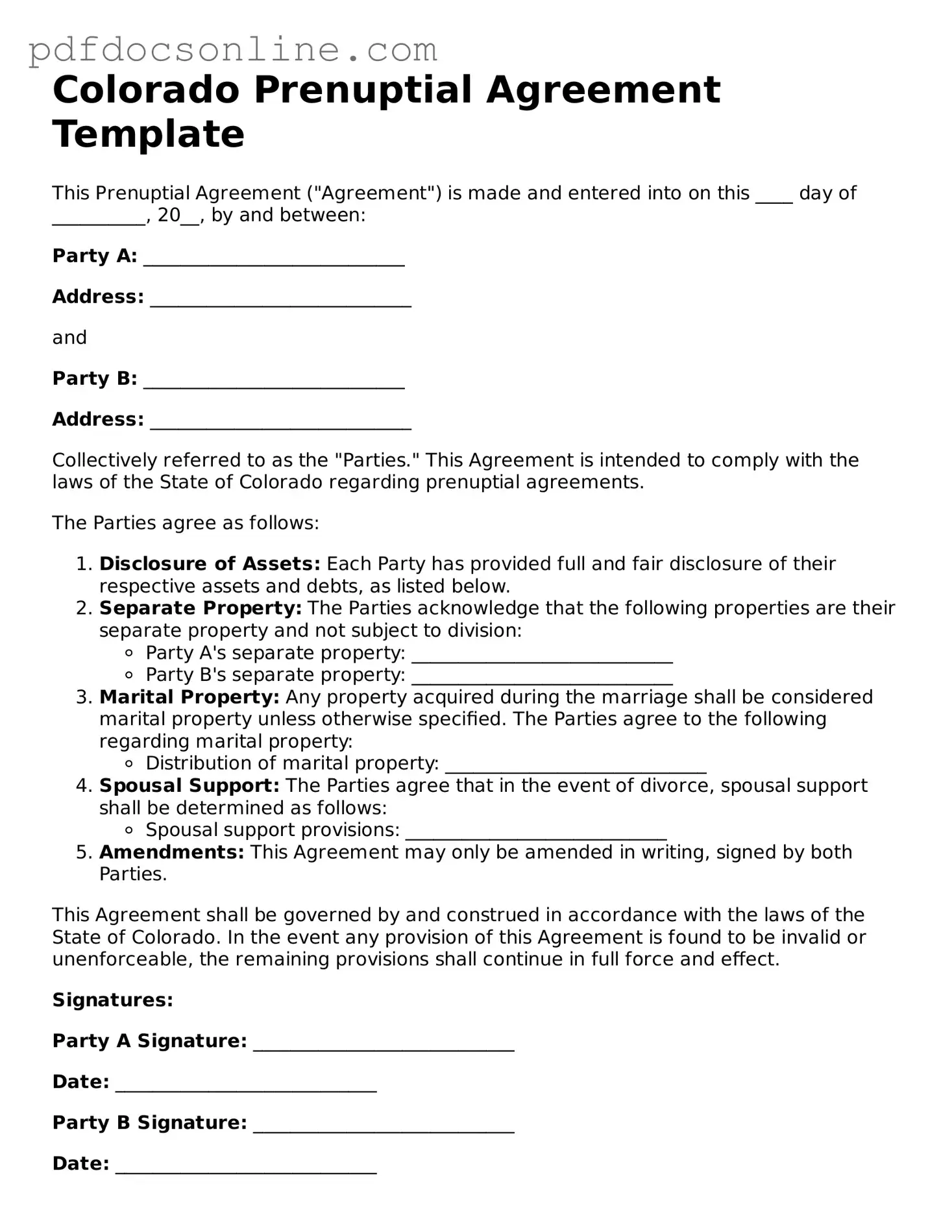 Attorney-Verified  Prenuptial Agreement Form for Colorado