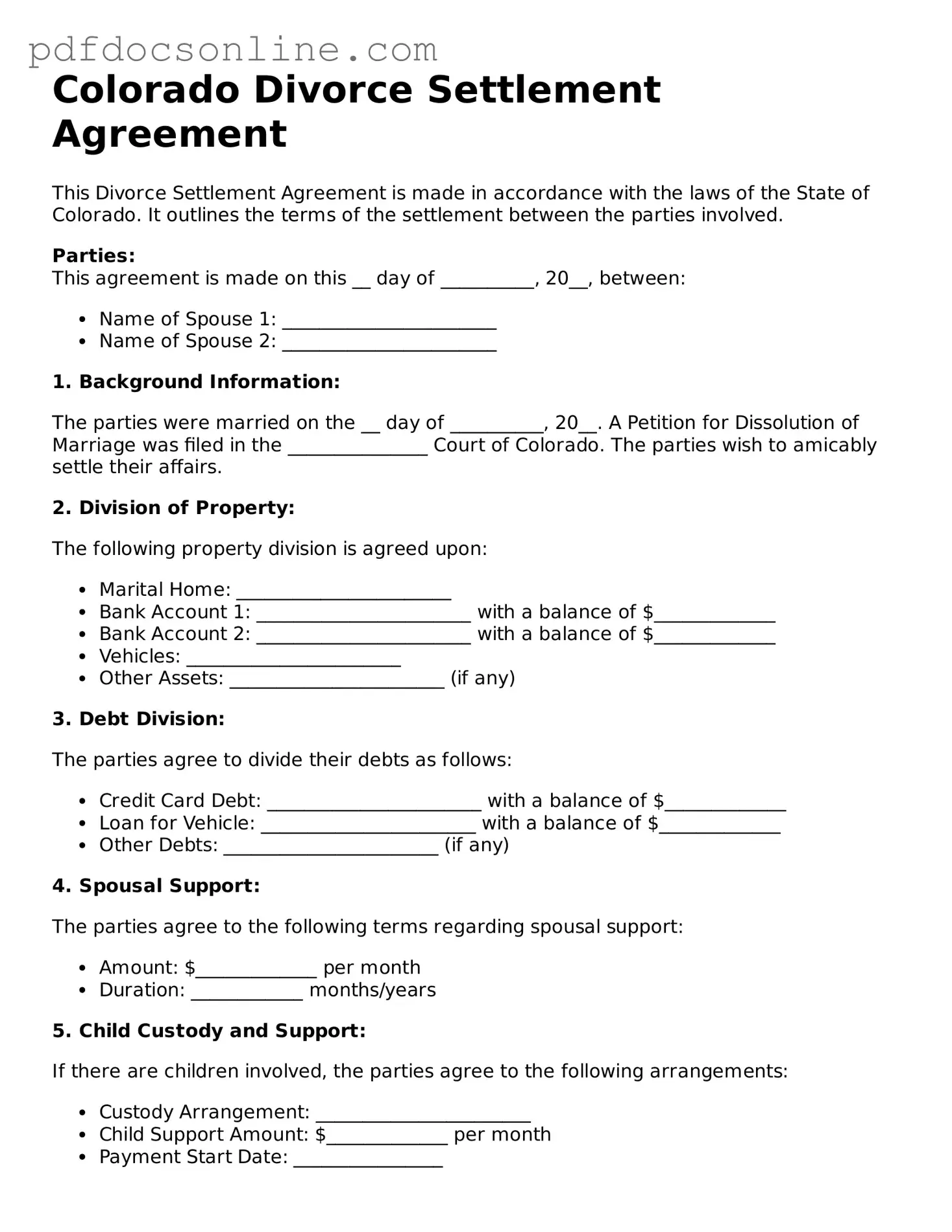 Attorney-Verified  Divorce Settlement Agreement Form for Colorado