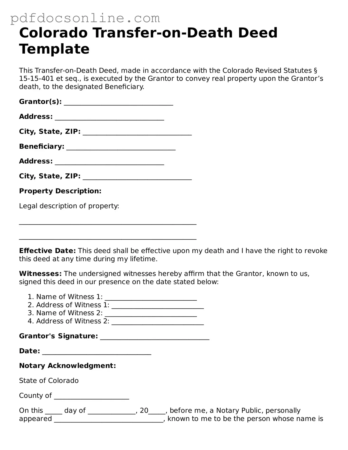 Attorney-Verified  Transfer-on-Death Deed Form for Colorado