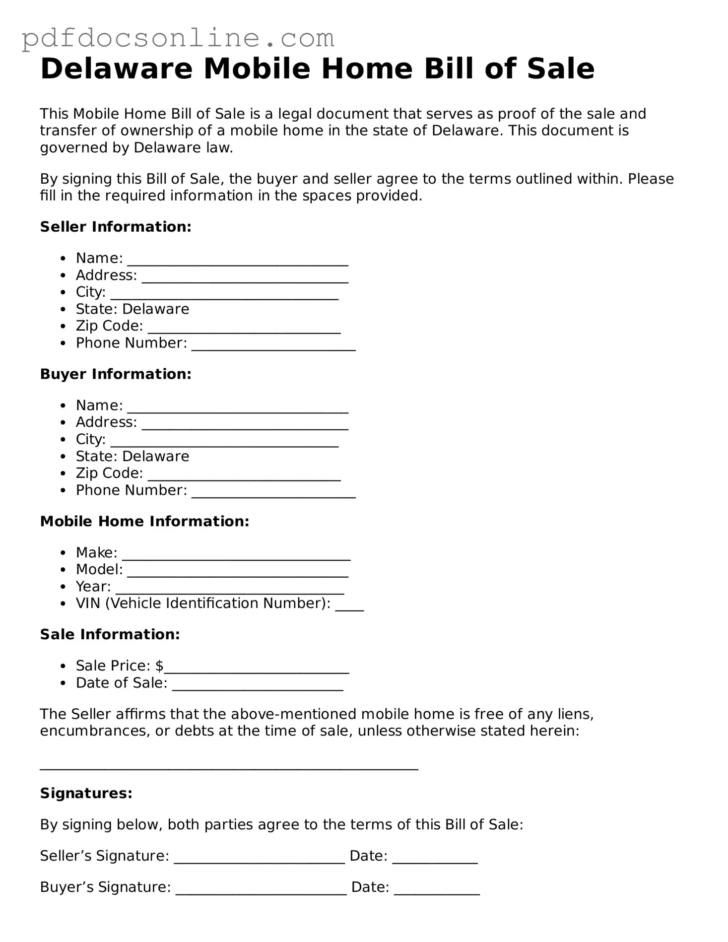 Attorney-Verified  Mobile Home Bill of Sale Form for Delaware