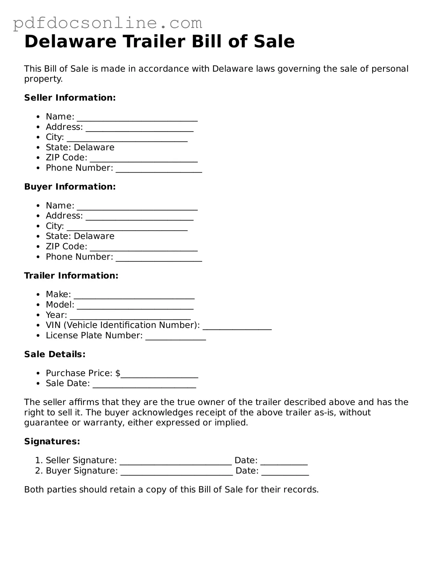 Attorney-Verified  Trailer Bill of Sale Form for Delaware