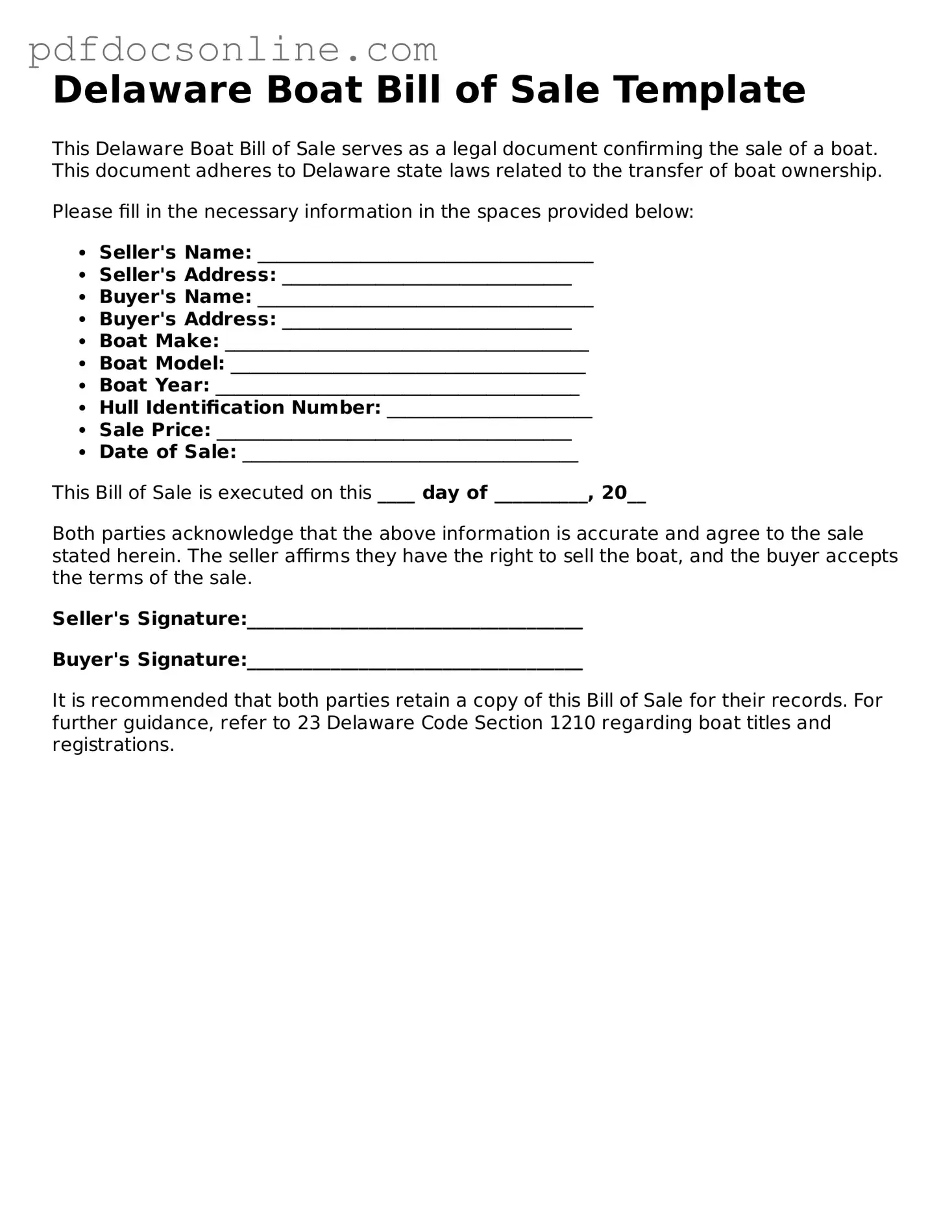 Attorney-Verified  Boat Bill of Sale Form for Delaware