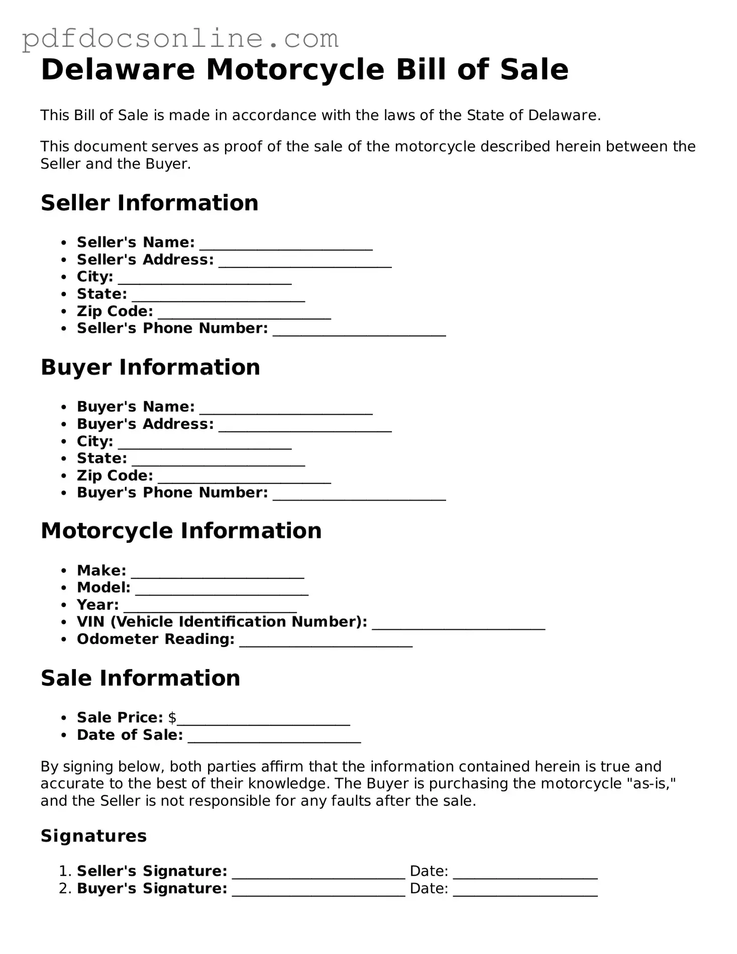 Attorney-Verified  Motorcycle Bill of Sale Form for Delaware