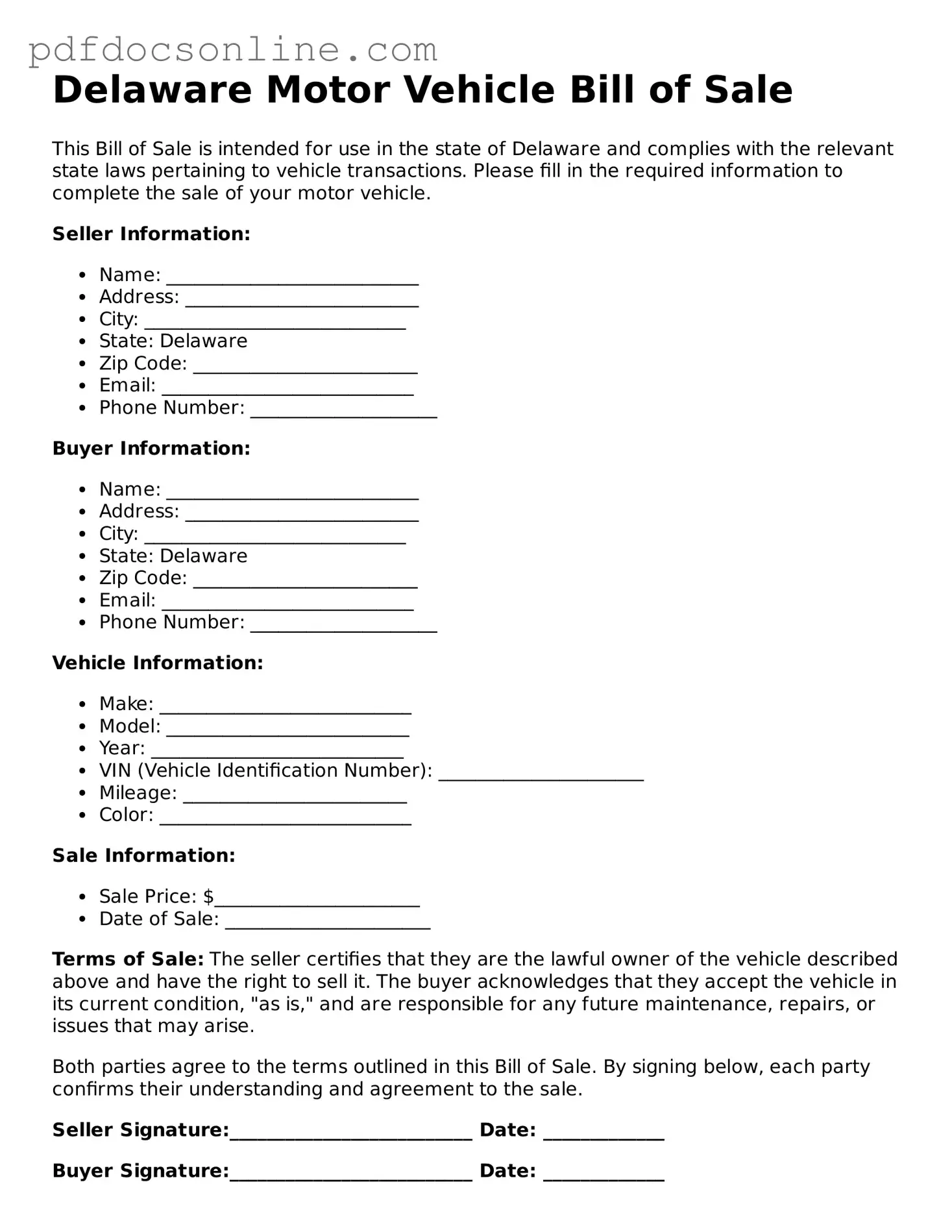Attorney-Verified  Motor Vehicle Bill of Sale Form for Delaware