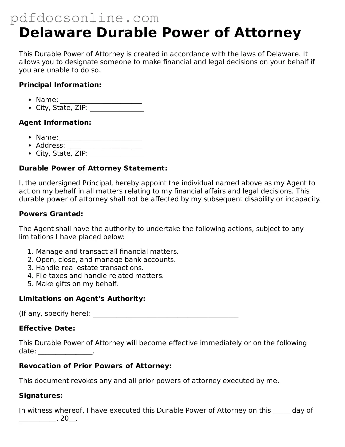 Attorney-Verified  Durable Power of Attorney Form for Delaware