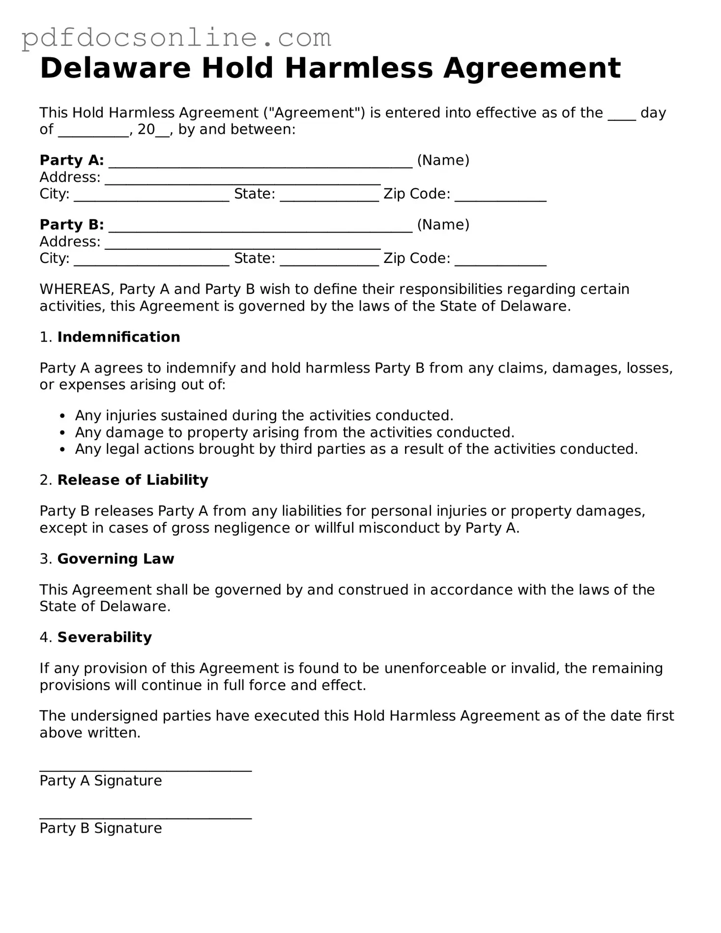 Attorney-Verified  Hold Harmless Agreement Form for Delaware
