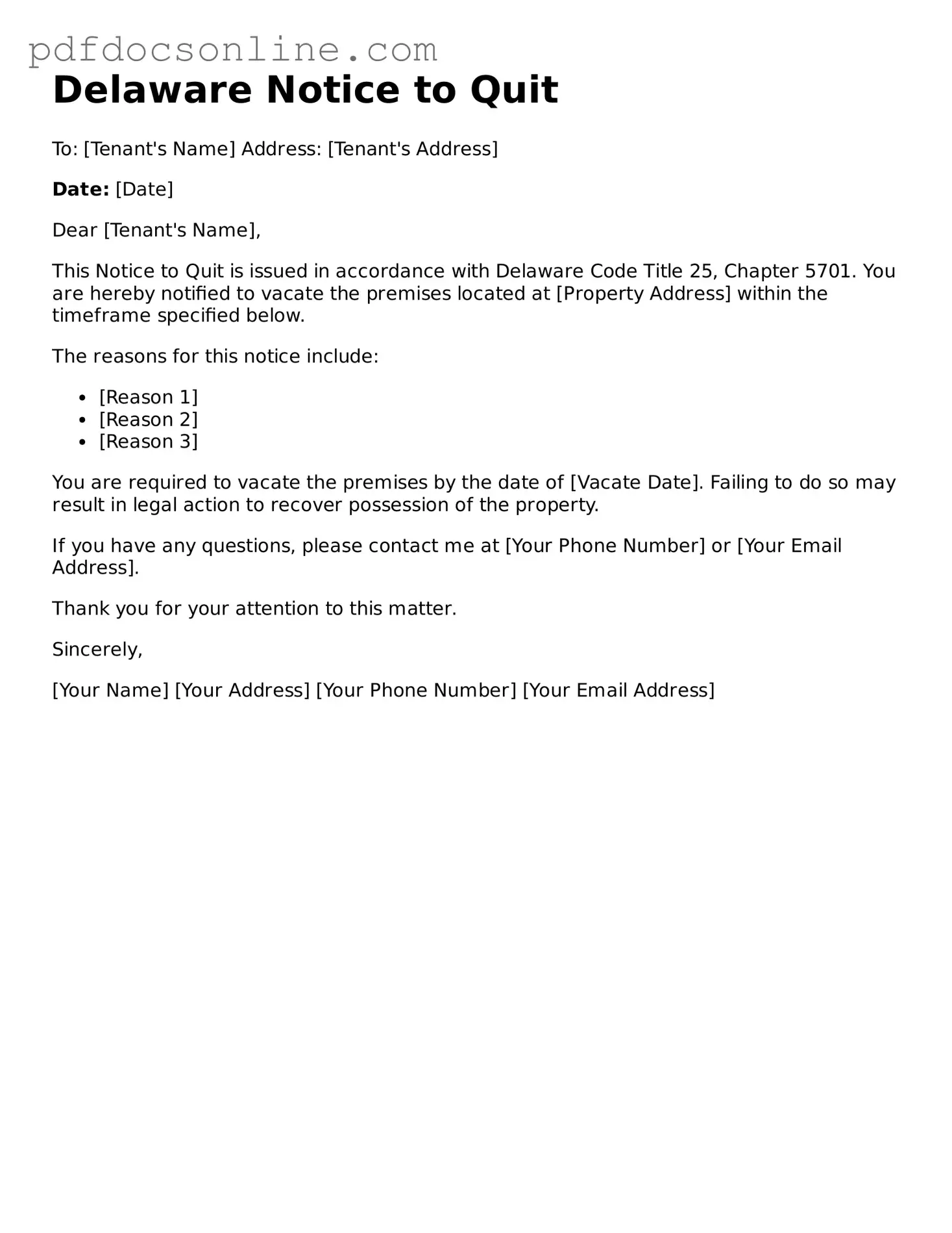 Attorney-Verified  Notice to Quit Form for Delaware