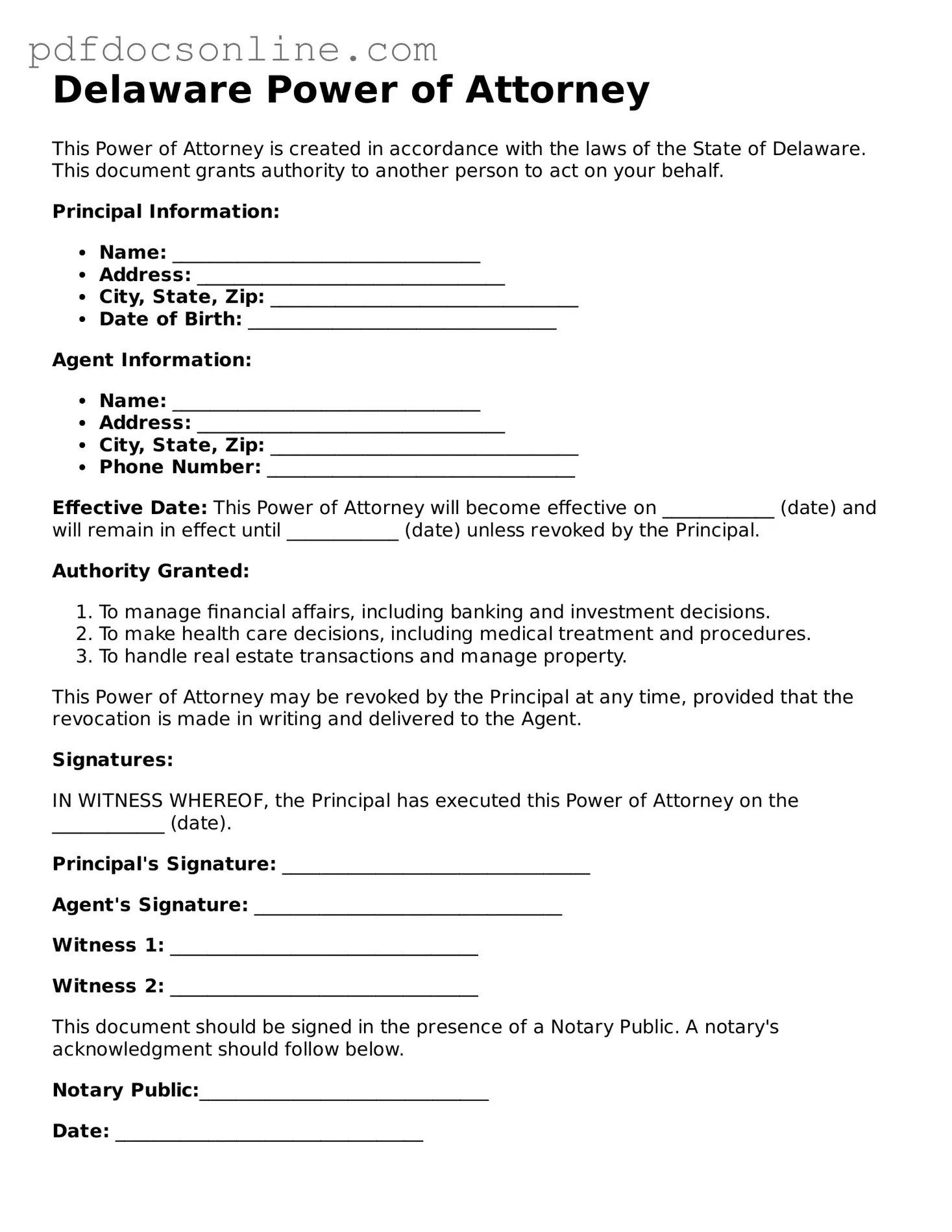 Attorney-Verified  Power of Attorney Form for Delaware