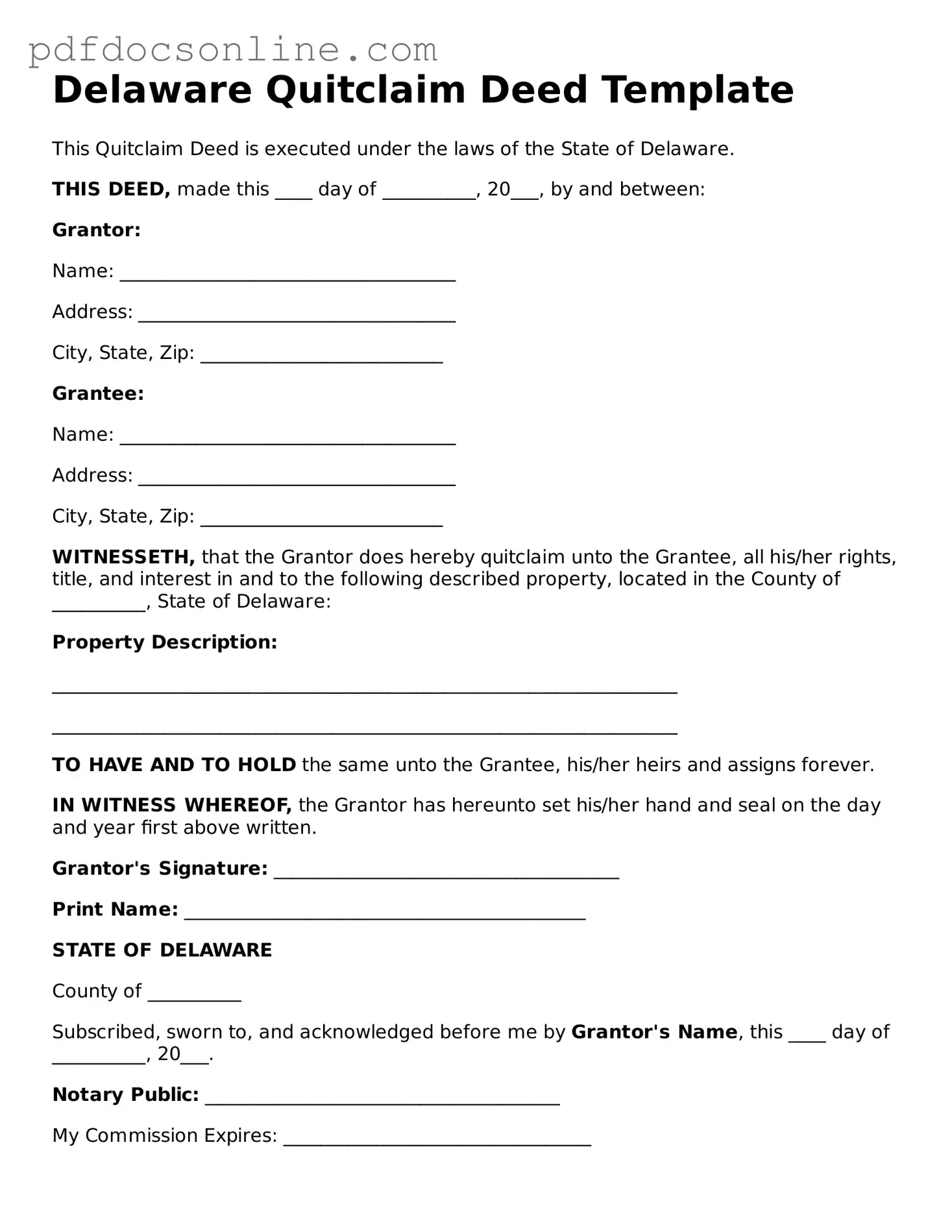 Attorney-Verified  Quitclaim Deed Form for Delaware
