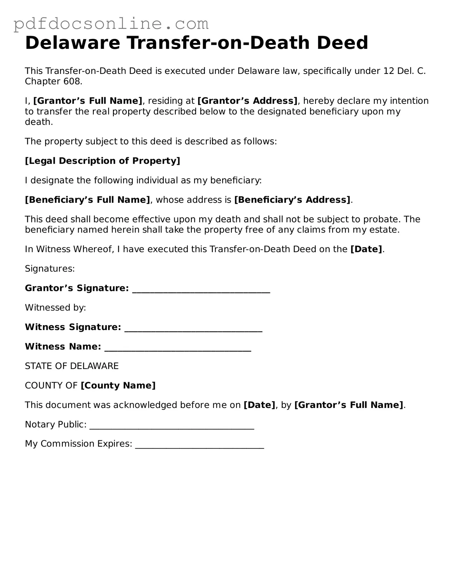 Attorney-Verified  Transfer-on-Death Deed Form for Delaware