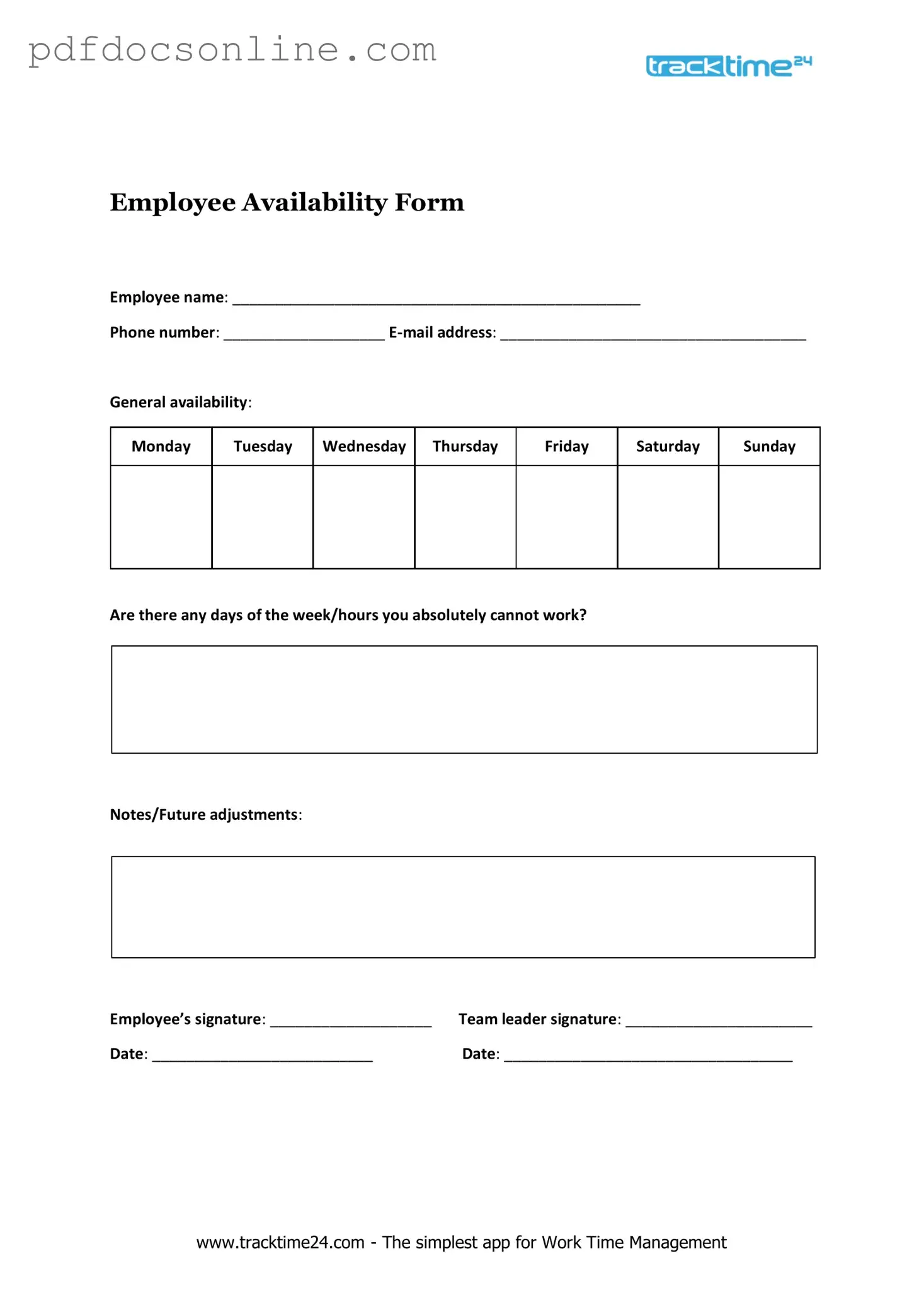 Fillable Employee Availability Form