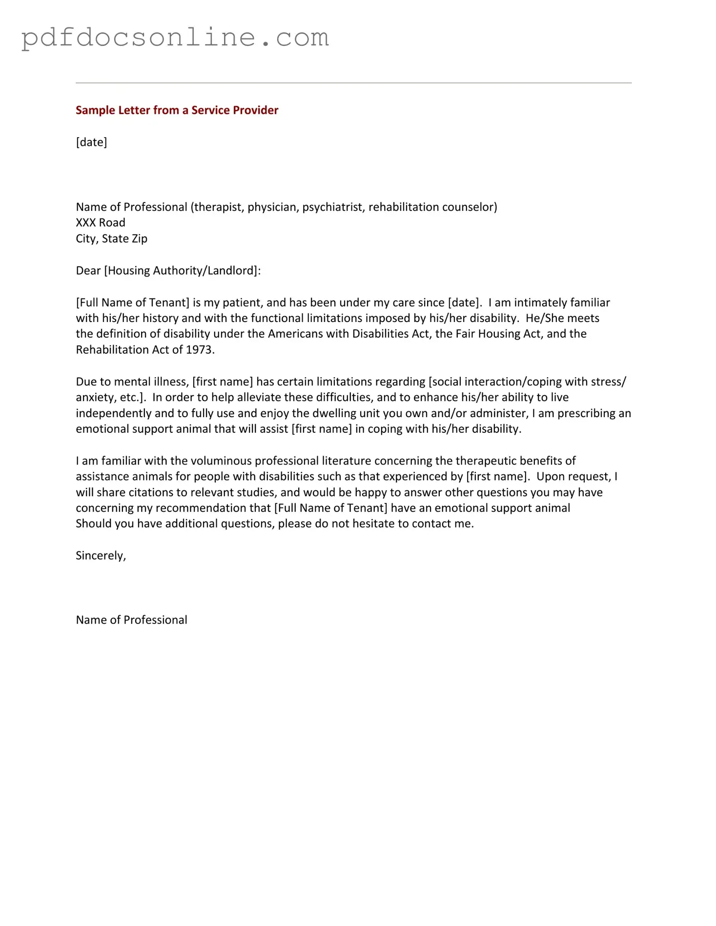 Fillable Emotional Support Animal Letter Form