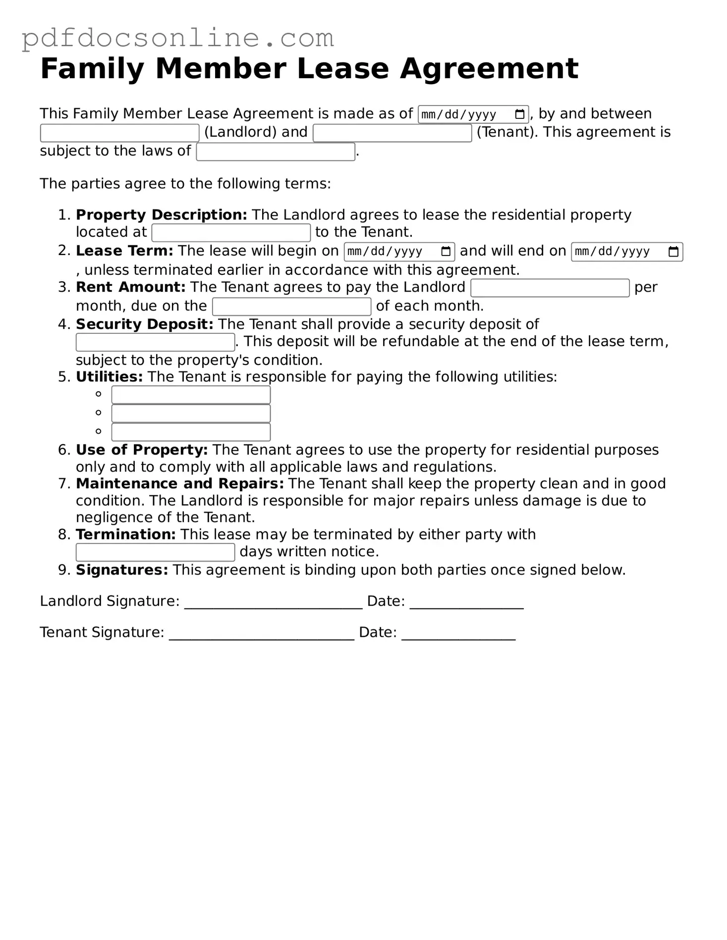 Free Family Member Lease Agreement Template