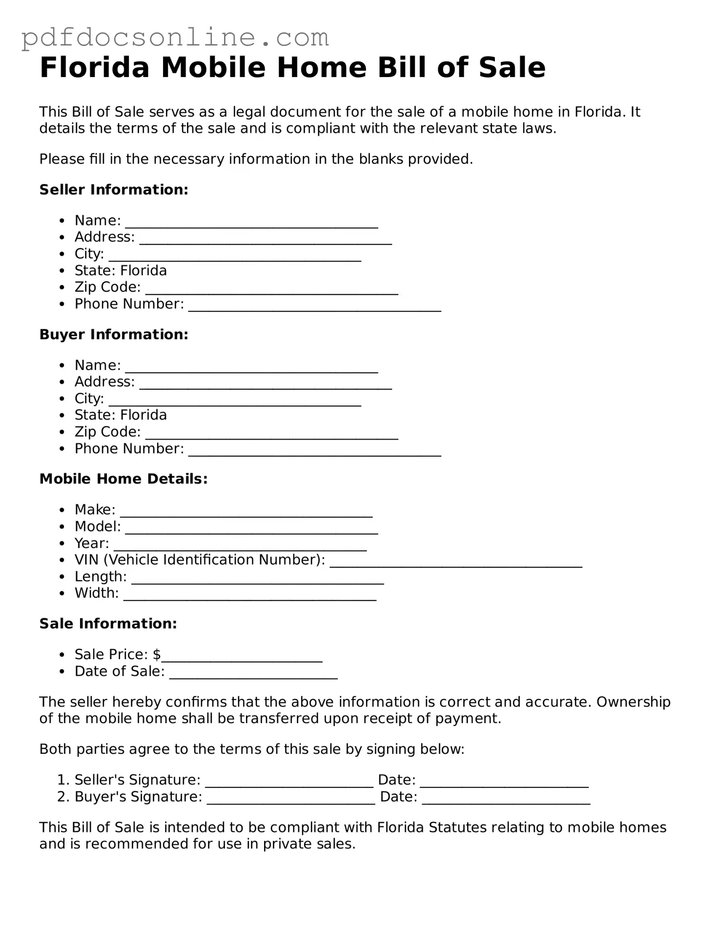 Attorney-Verified  Mobile Home Bill of Sale Form for Florida