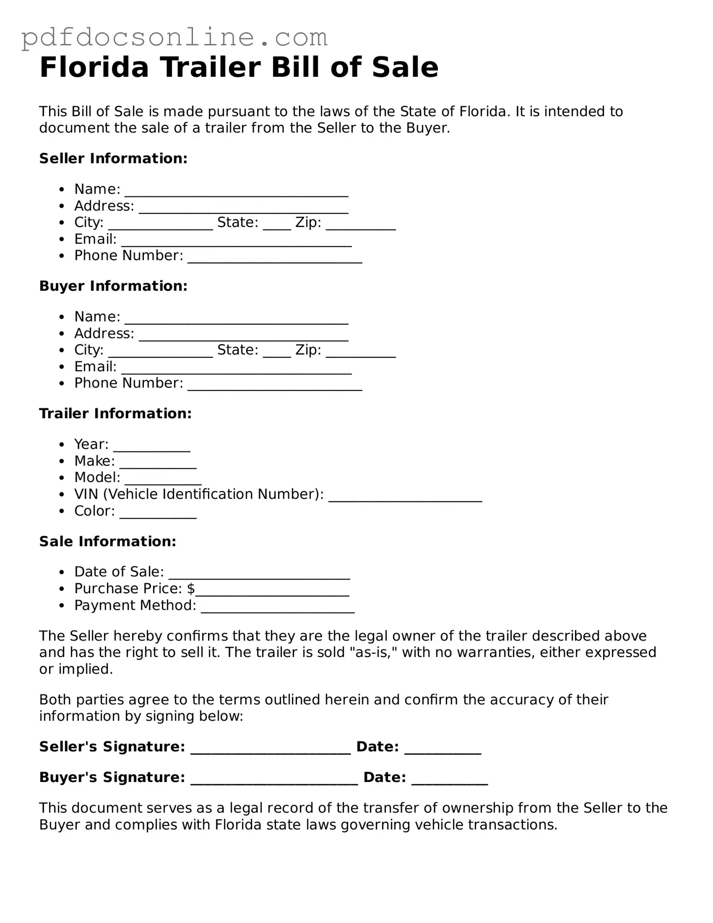 Attorney-Verified  Trailer Bill of Sale Form for Florida