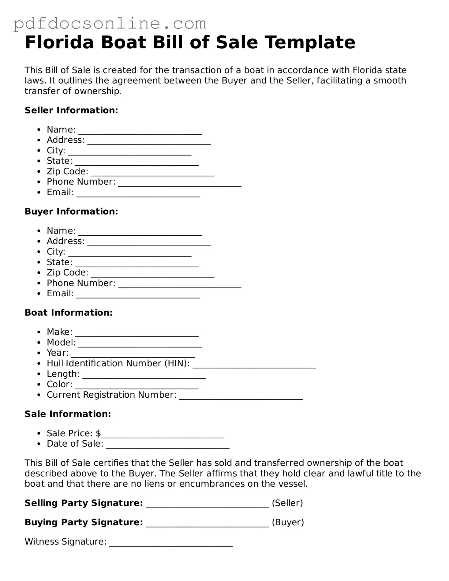 Attorney-Verified  Boat Bill of Sale Form for Florida