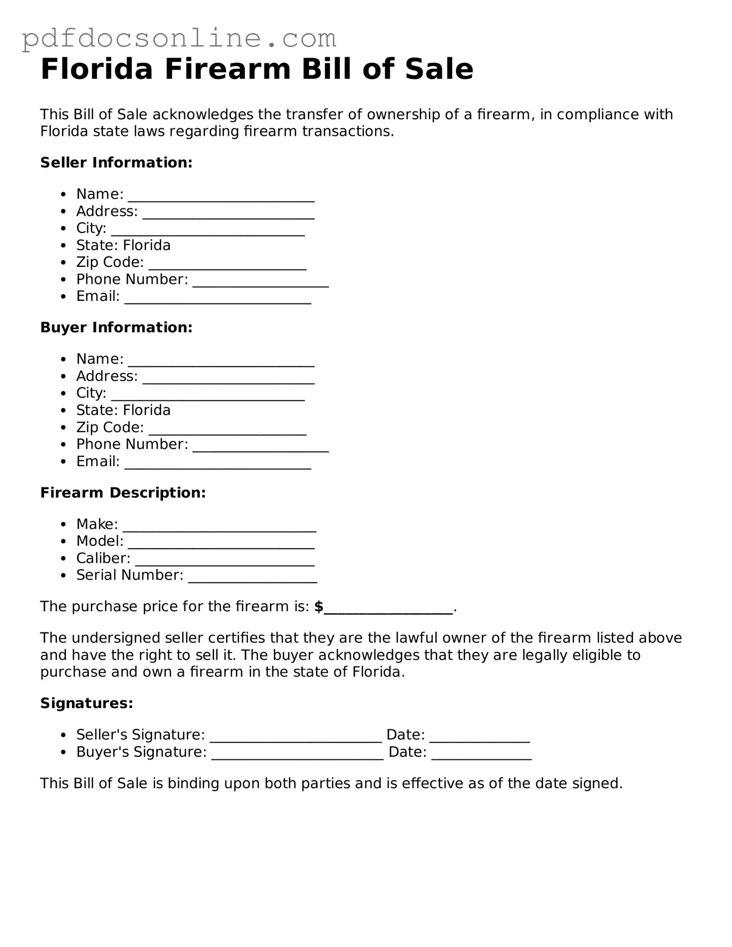 Attorney-Verified  Firearm Bill of Sale Form for Florida