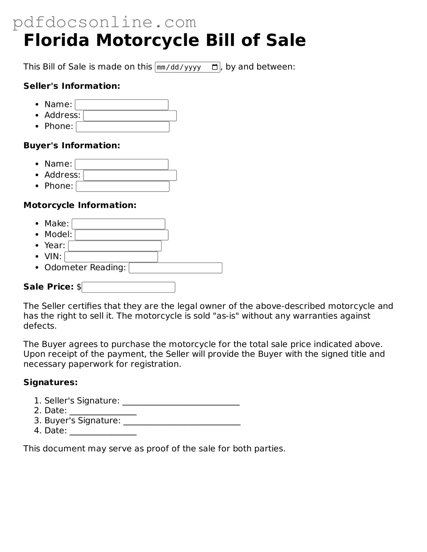 Attorney-Verified  Motorcycle Bill of Sale Form for Florida