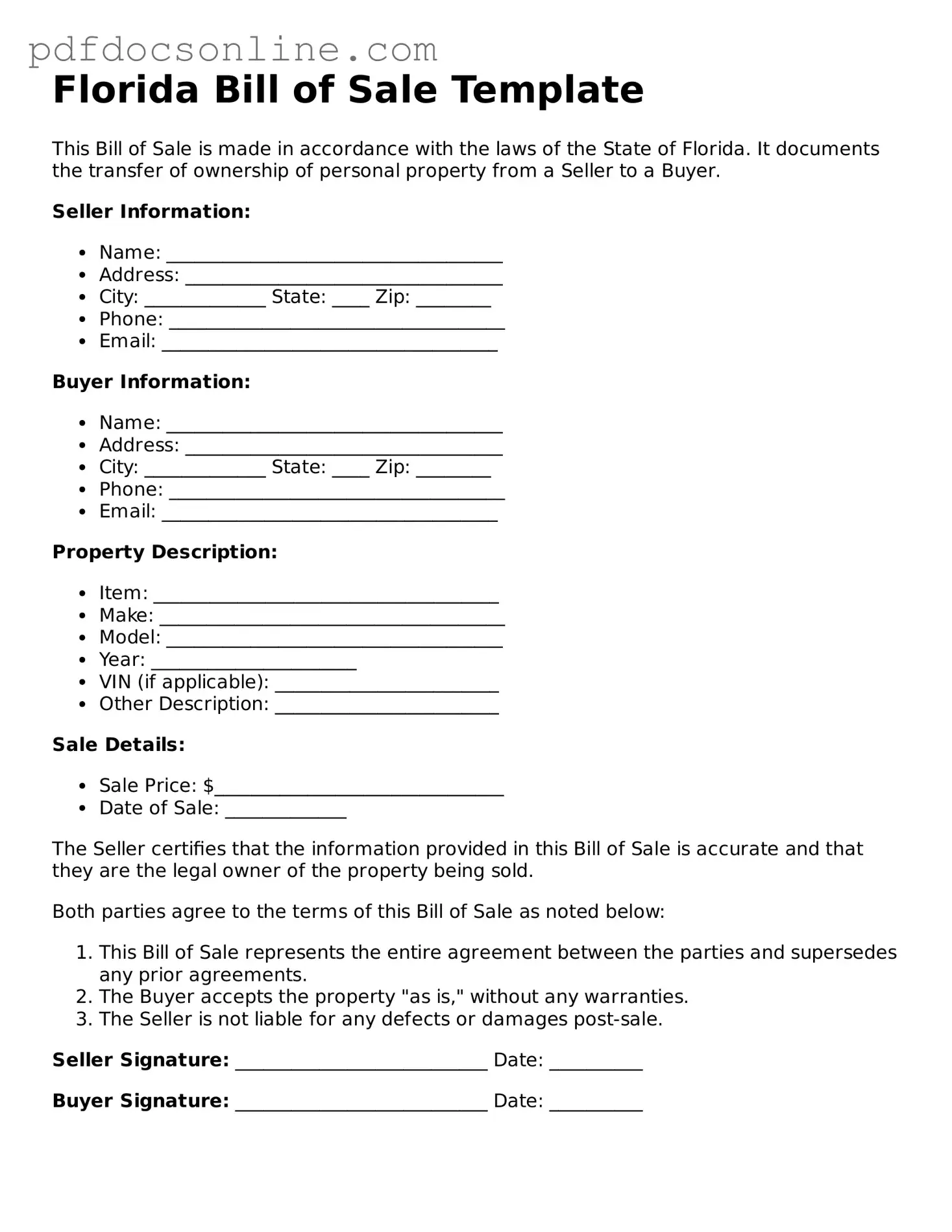 Attorney-Verified  Bill of Sale Form for Florida