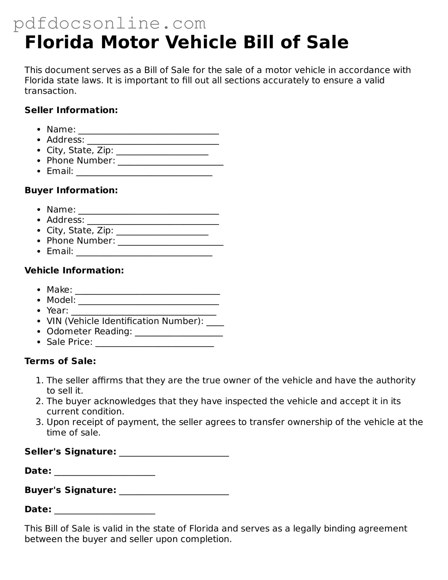 Attorney-Verified  Motor Vehicle Bill of Sale Form for Florida