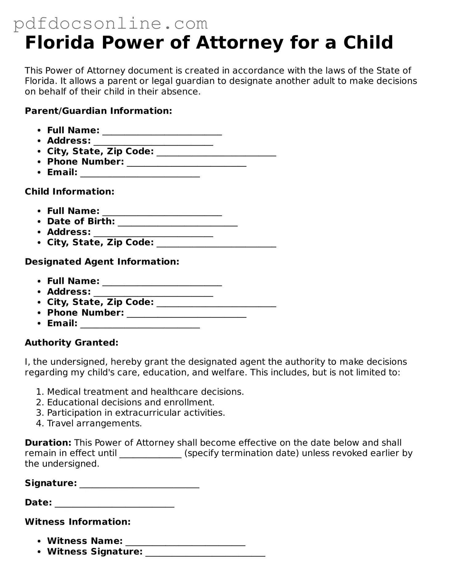 Attorney-Verified  Power of Attorney for a Child Form for Florida