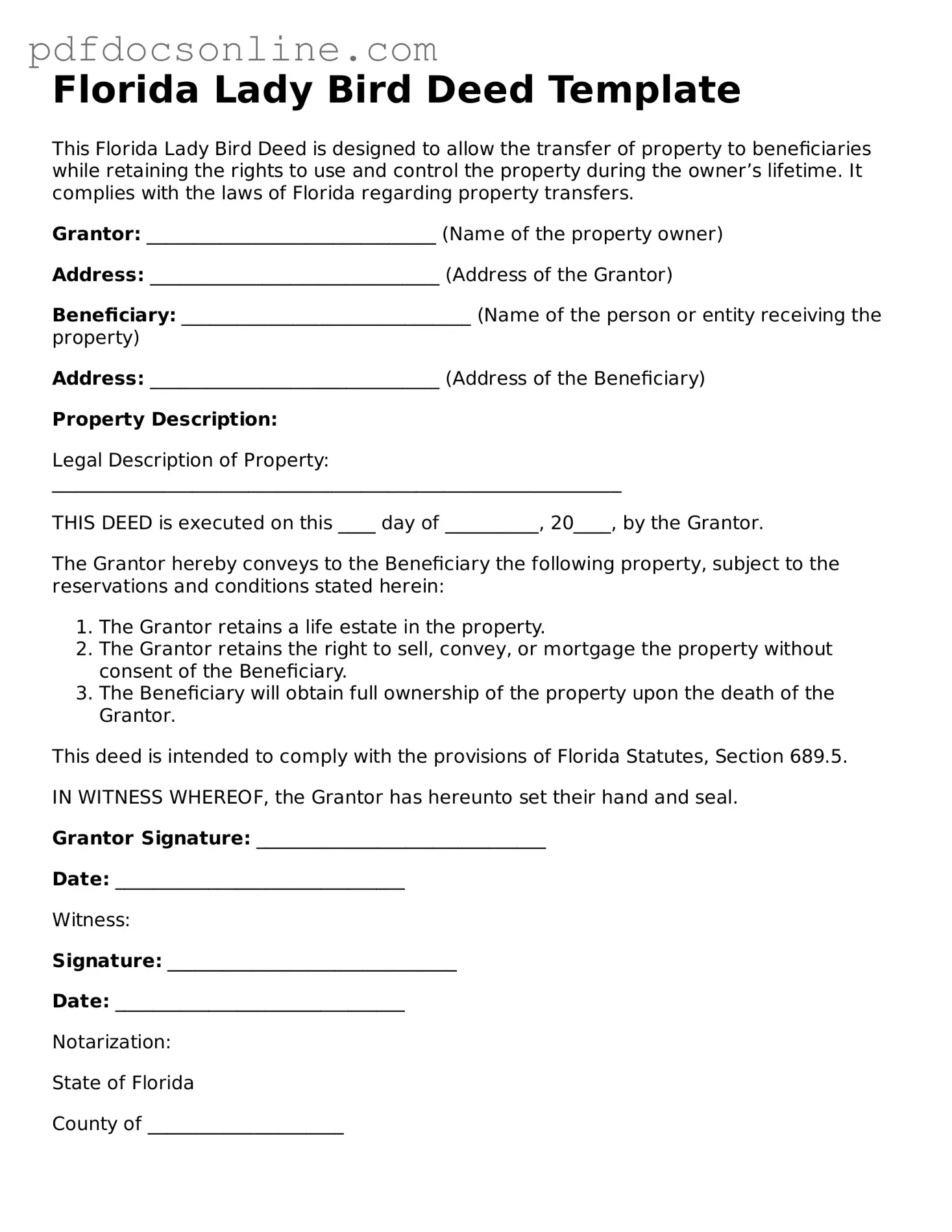 Attorney-Verified  Lady Bird Deed Form for Florida