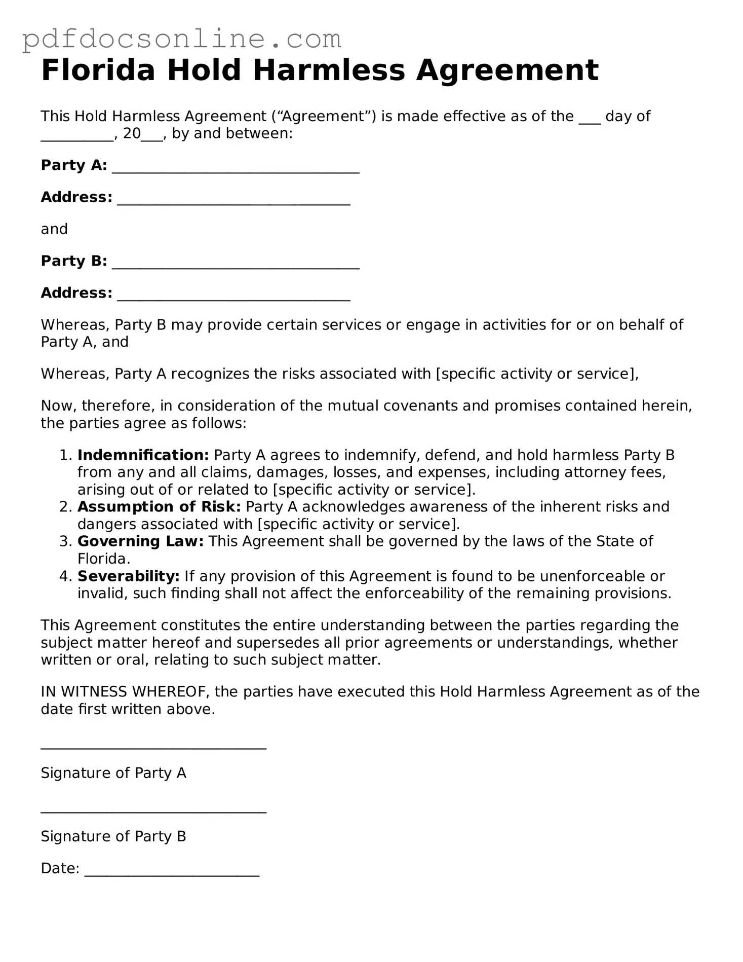 Attorney-Verified  Hold Harmless Agreement Form for Florida