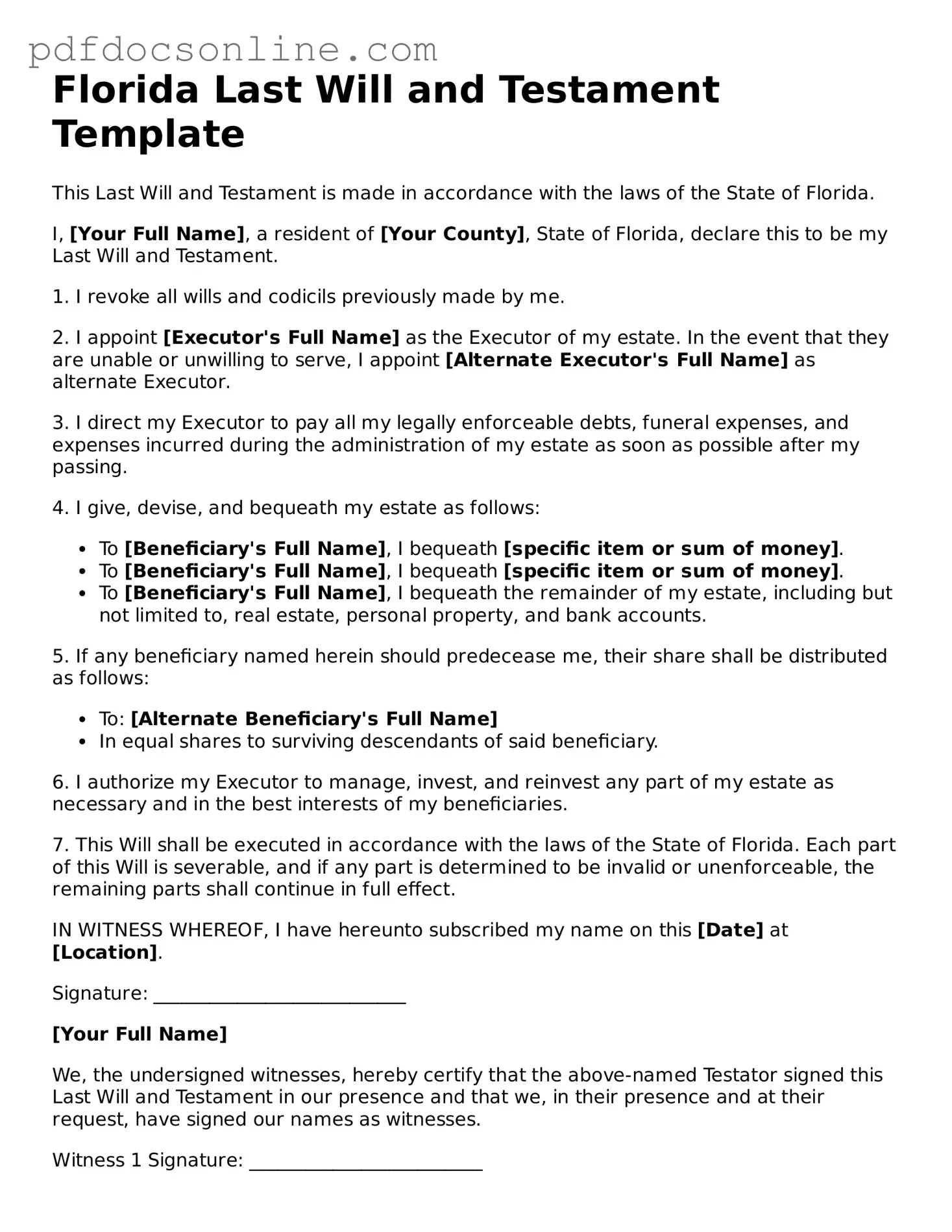 Attorney-Verified  Last Will and Testament Form for Florida