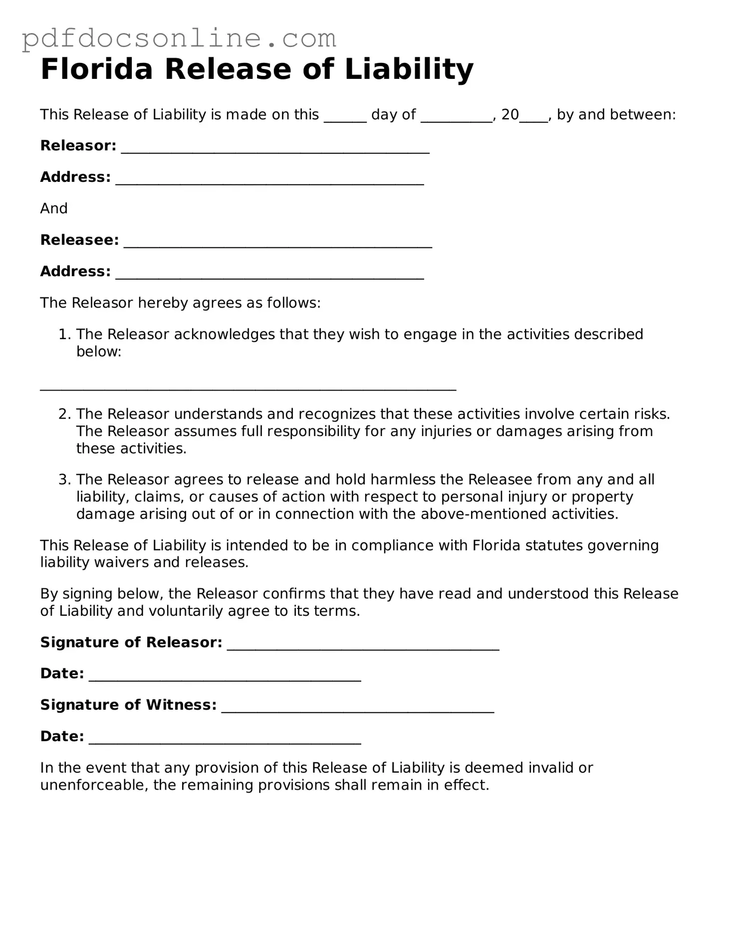 Attorney-Verified  Release of Liability Form for Florida