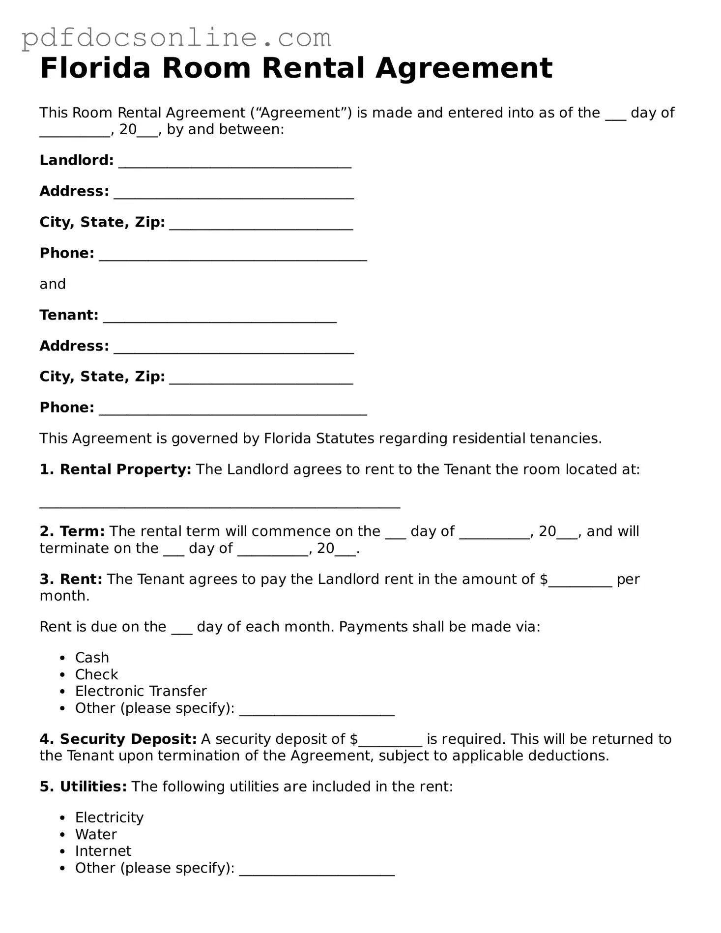 Attorney-Verified  Room Rental Agreement Form for Florida