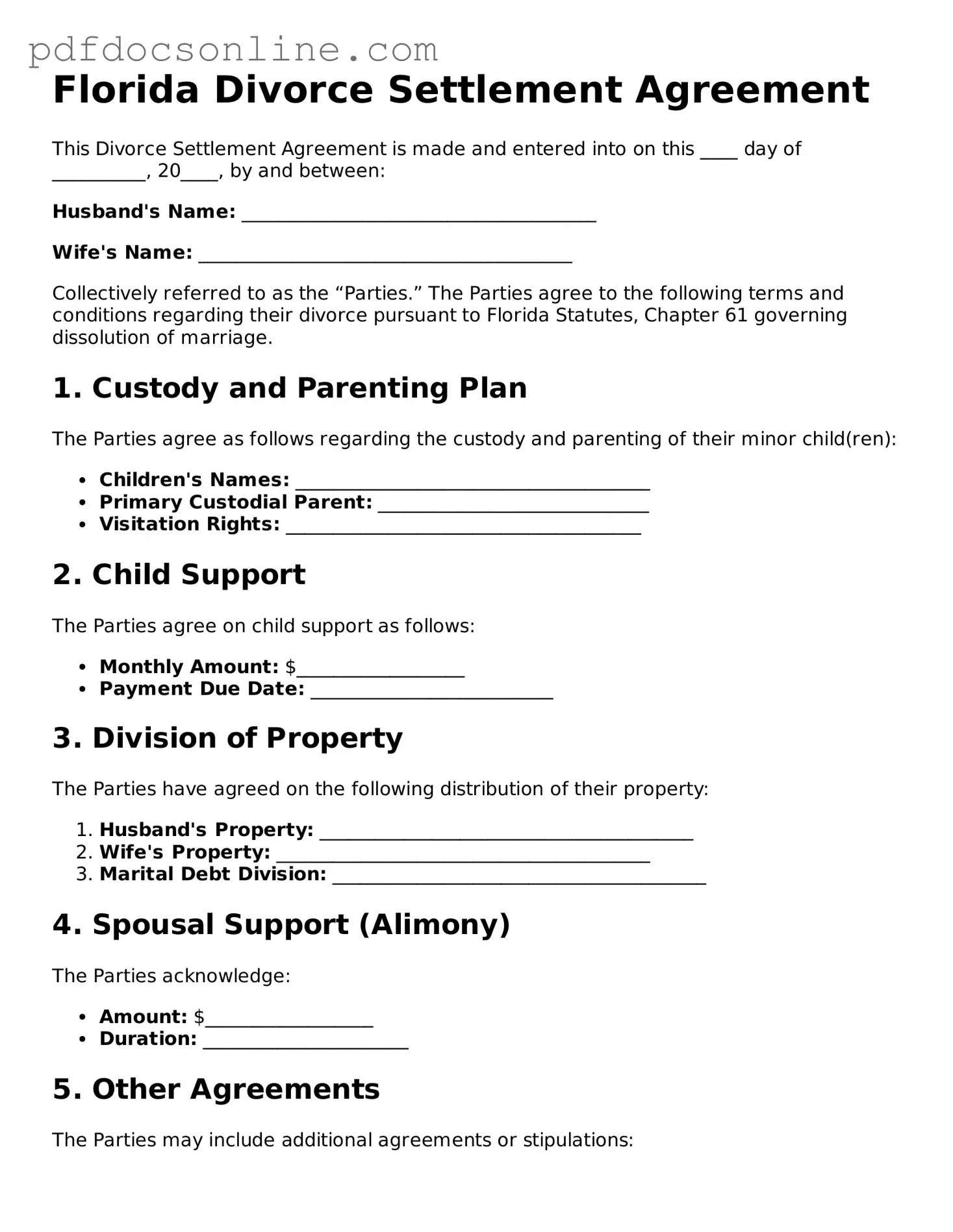 Attorney-Verified  Divorce Settlement Agreement Form for Florida