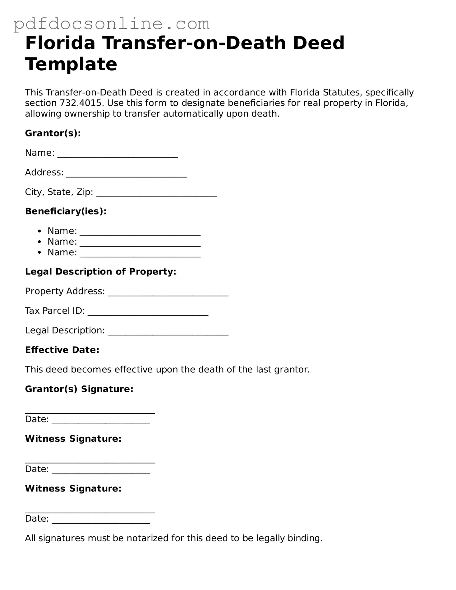 Attorney-Verified  Transfer-on-Death Deed Form for Florida