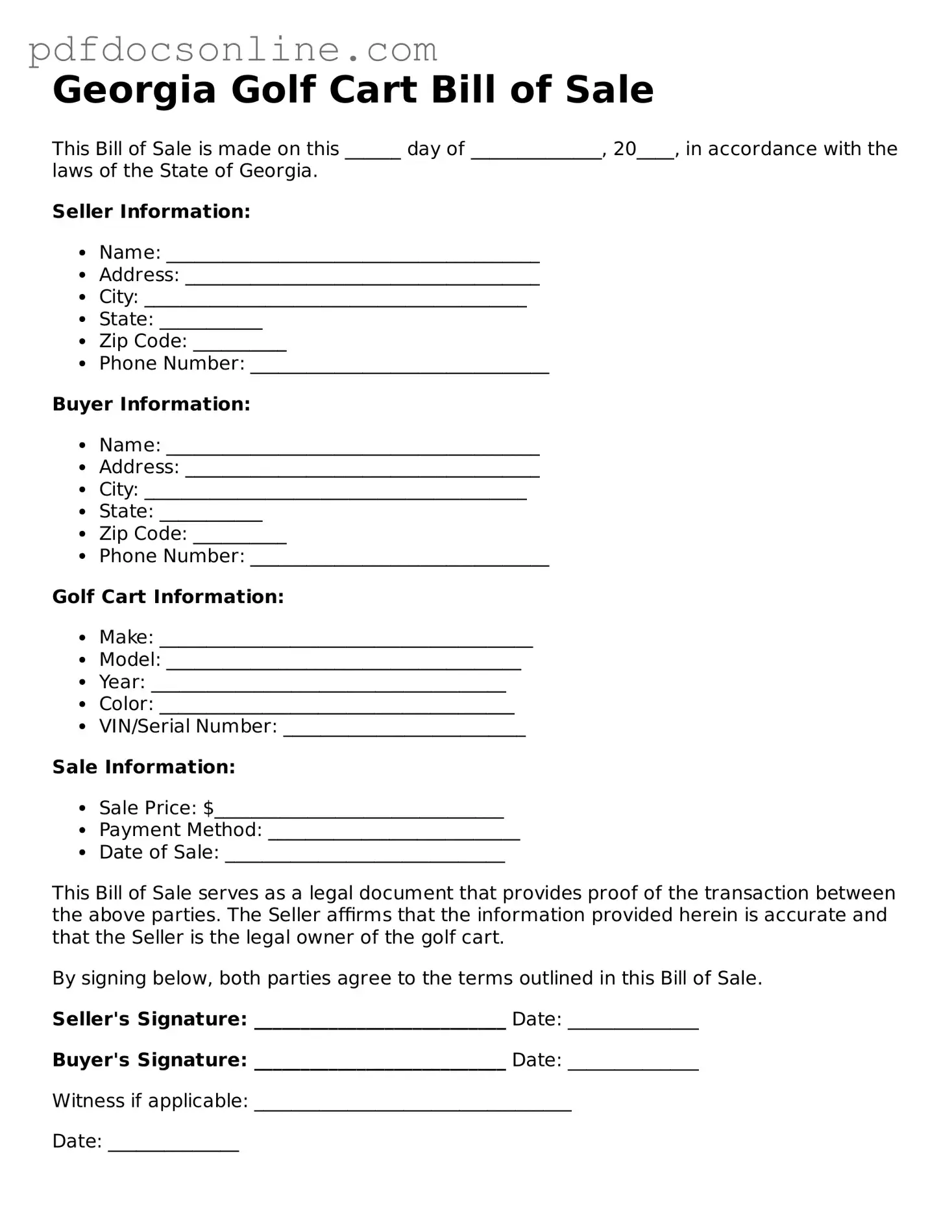 Attorney-Verified  Golf Cart Bill of Sale Form for Georgia